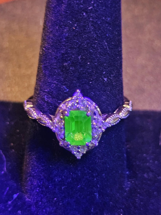 Uranium Glass Emerald cut Ring size 5 to 12 new Sterling Silver with a vintage 7x5 mm Uranium glass stone that glows under black / UV light