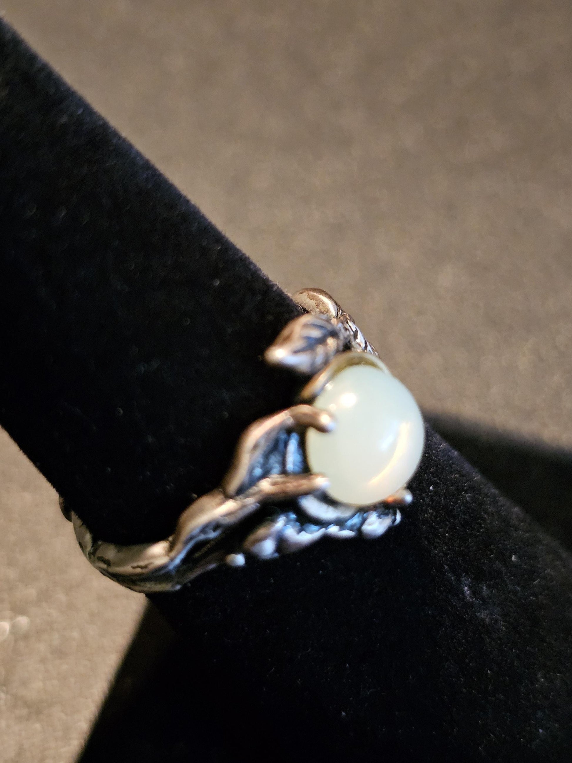 Uranium Glass Adjustable Ring in Sterling Silver Leaf and Branch design with vintage Uranium glass round stone glows under black / UV light