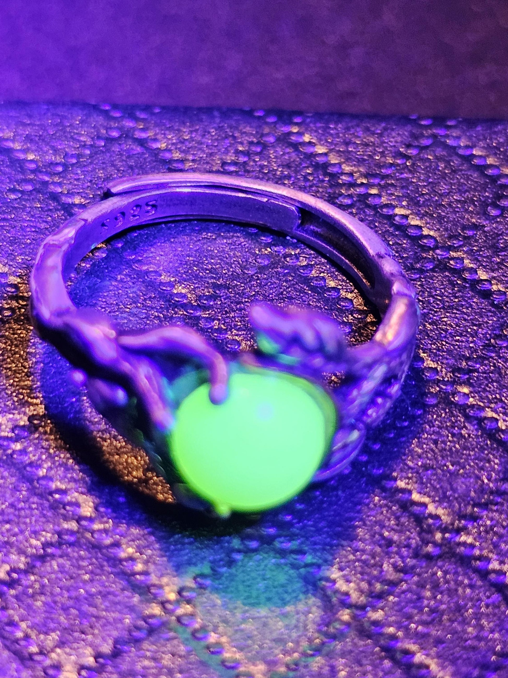 Uranium Glass Adjustable Ring in Sterling Silver Leaf and Branch design with vintage Uranium glass round stone glows under black / UV light