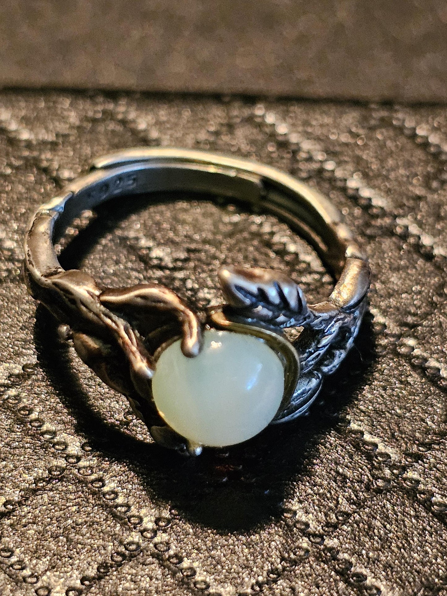 Uranium Glass Adjustable Ring in Sterling Silver Leaf and Branch design with vintage Uranium glass round stone glows under black / UV light