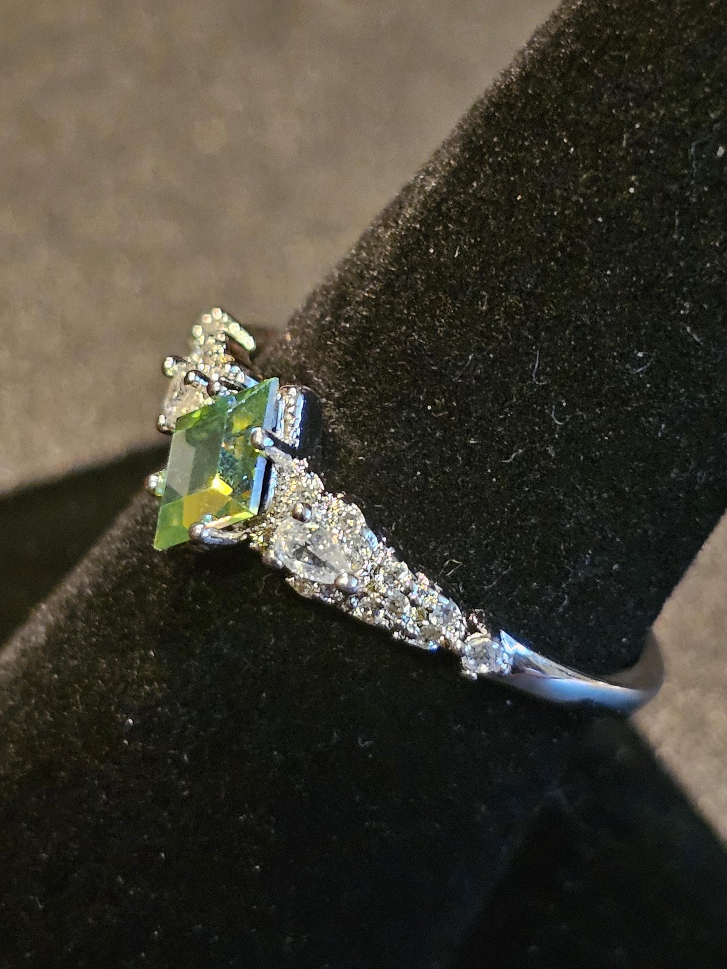 Uranium Glass Kite cut Ring size 6 to 10 in new Sterling Silver with a vintage 8x5 mm Uranium glass stone that glows under black / UV light