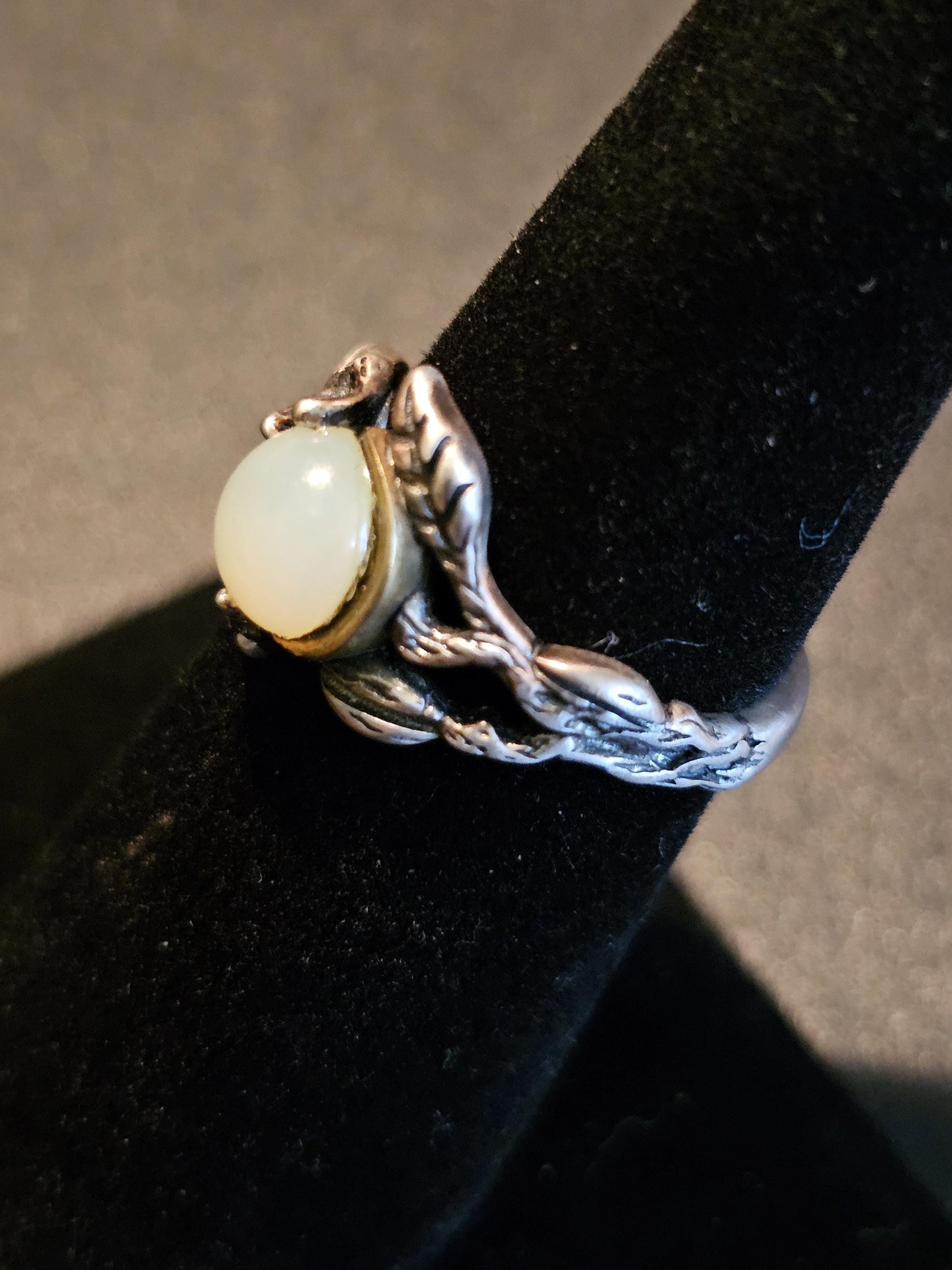 Uranium Glass Adjustable Ring in Sterling Silver Leaf and Branch design with vintage Uranium glass round stone glows under black / UV light