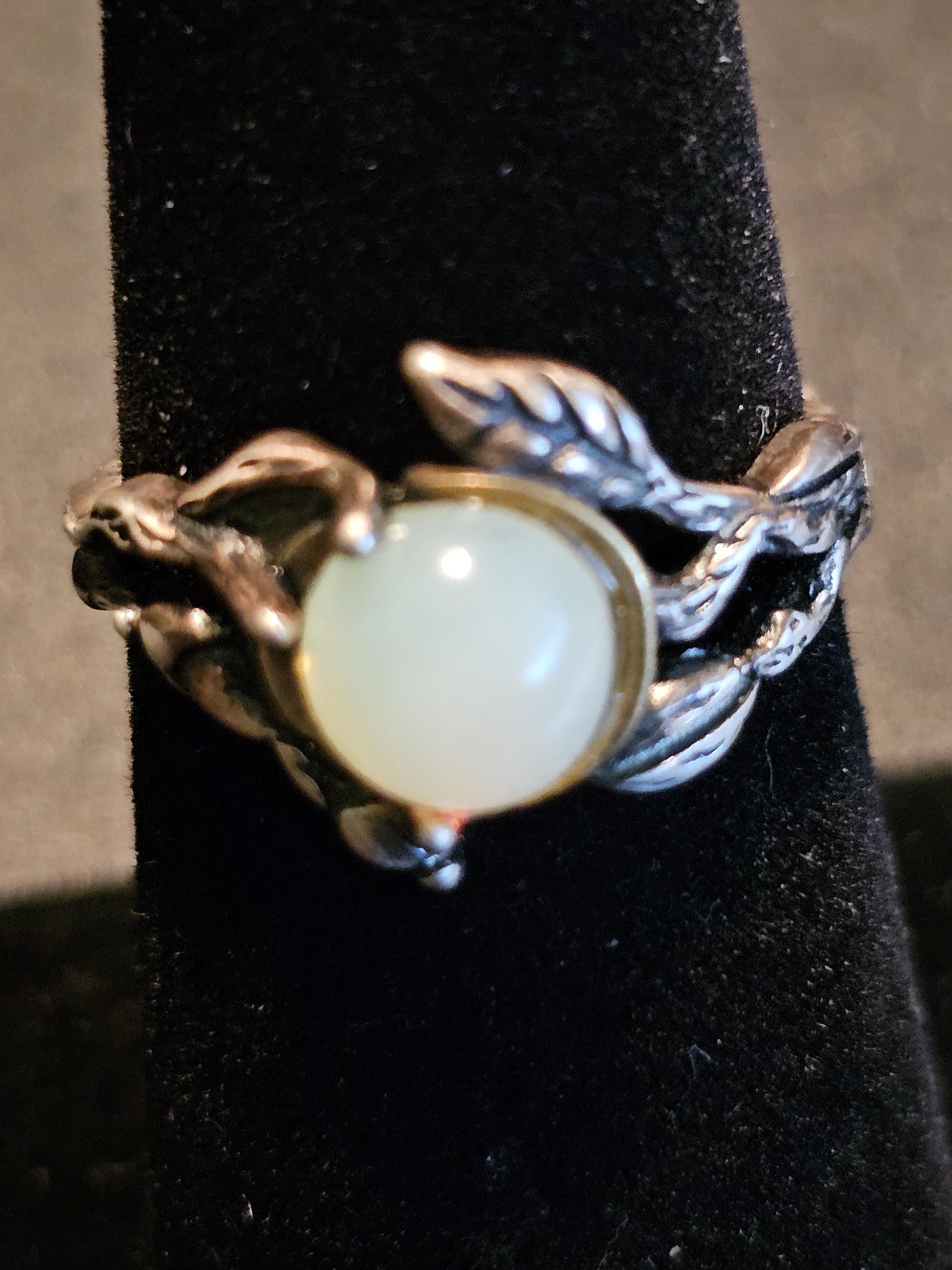 Uranium Glass Adjustable Ring in Sterling Silver Leaf and Branch design with vintage Uranium glass round stone glows under black / UV light