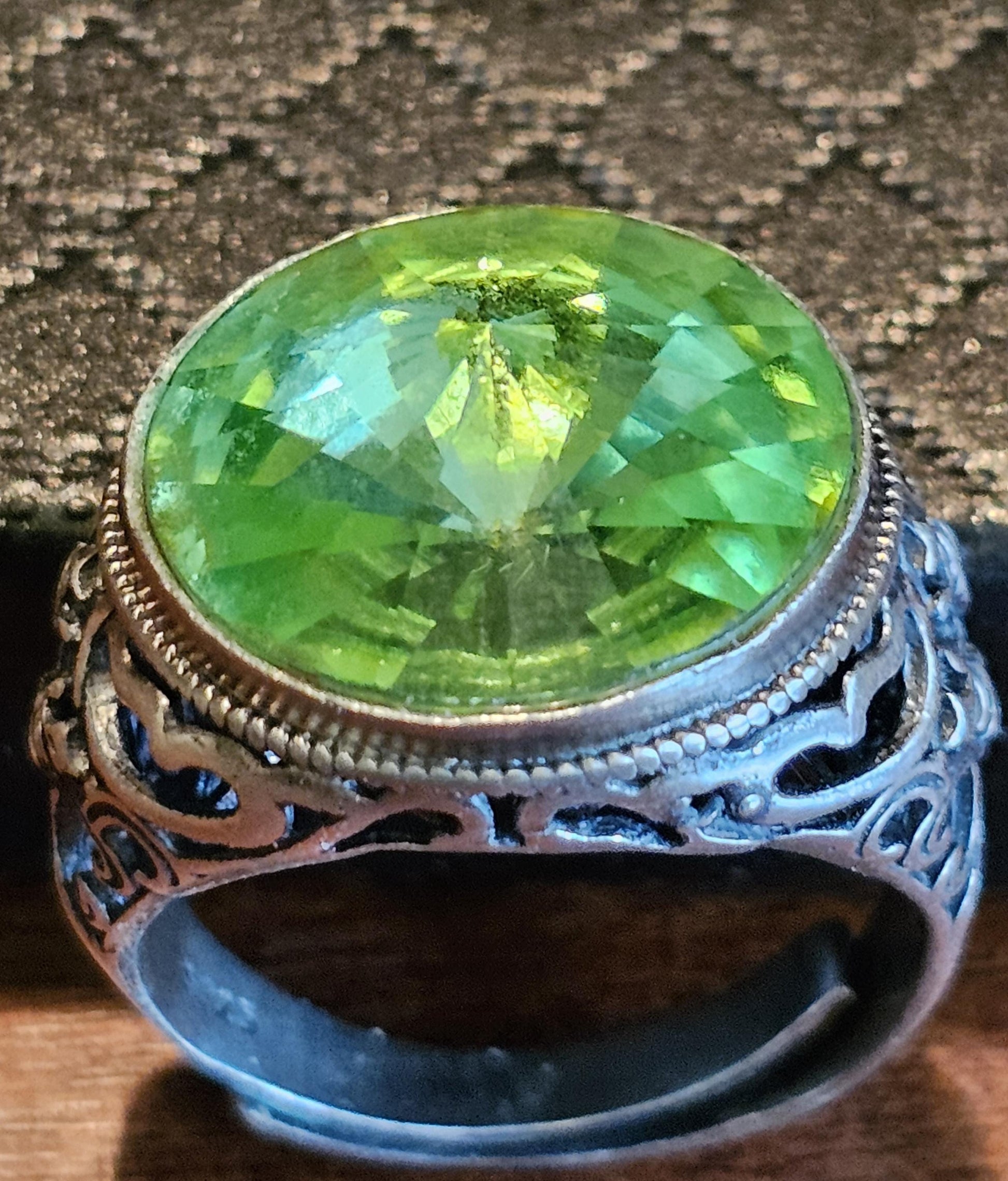 Uranium Glass Men Ring Adjustable with a large 18 mm vintage Uranium glass Rivolis style Round cut stone that glows under black/UV light