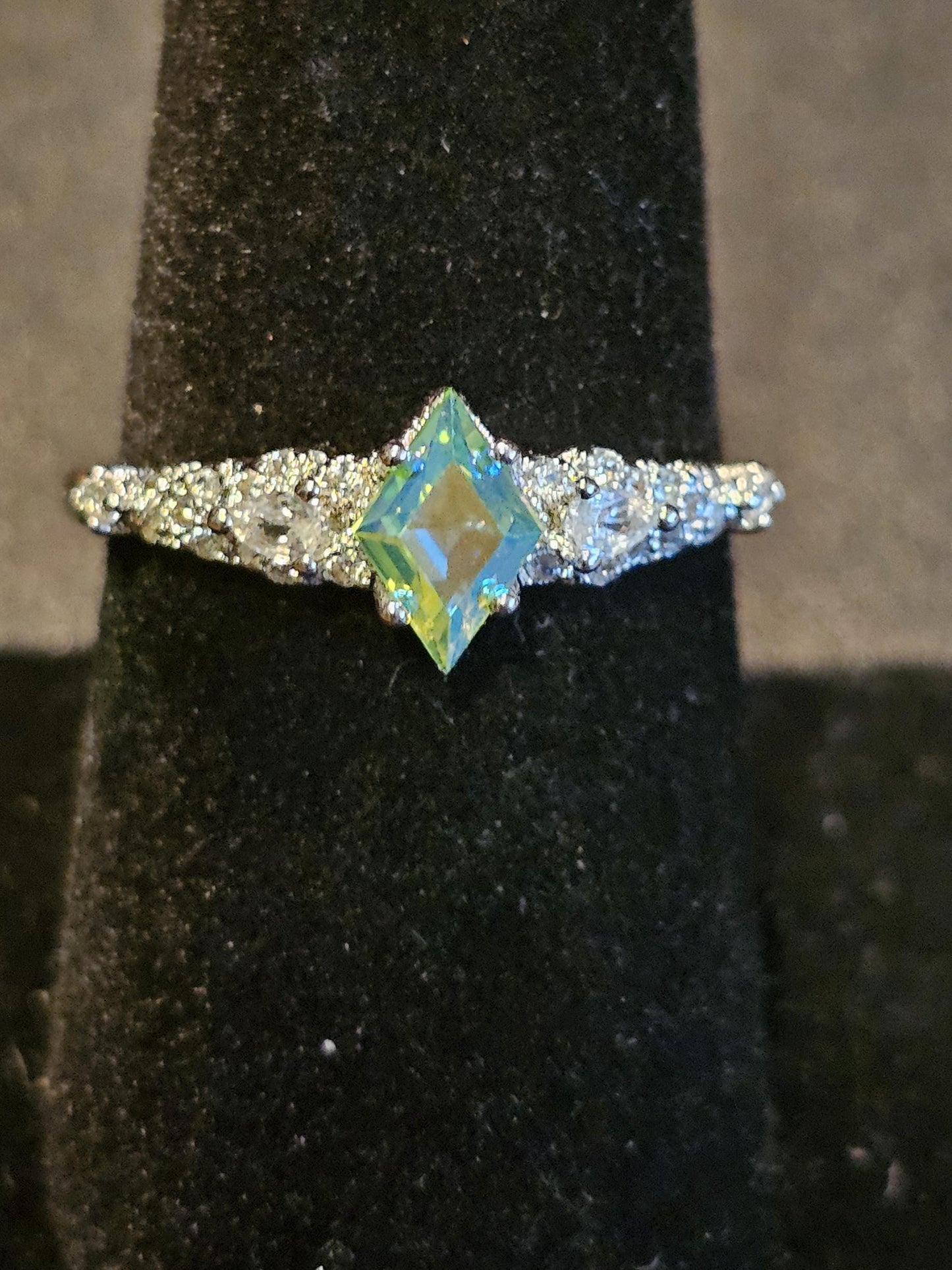 Uranium Glass Kite cut Ring size 6 to 10 in new Sterling Silver with a vintage 8x5 mm Uranium glass stone that glows under black / UV light