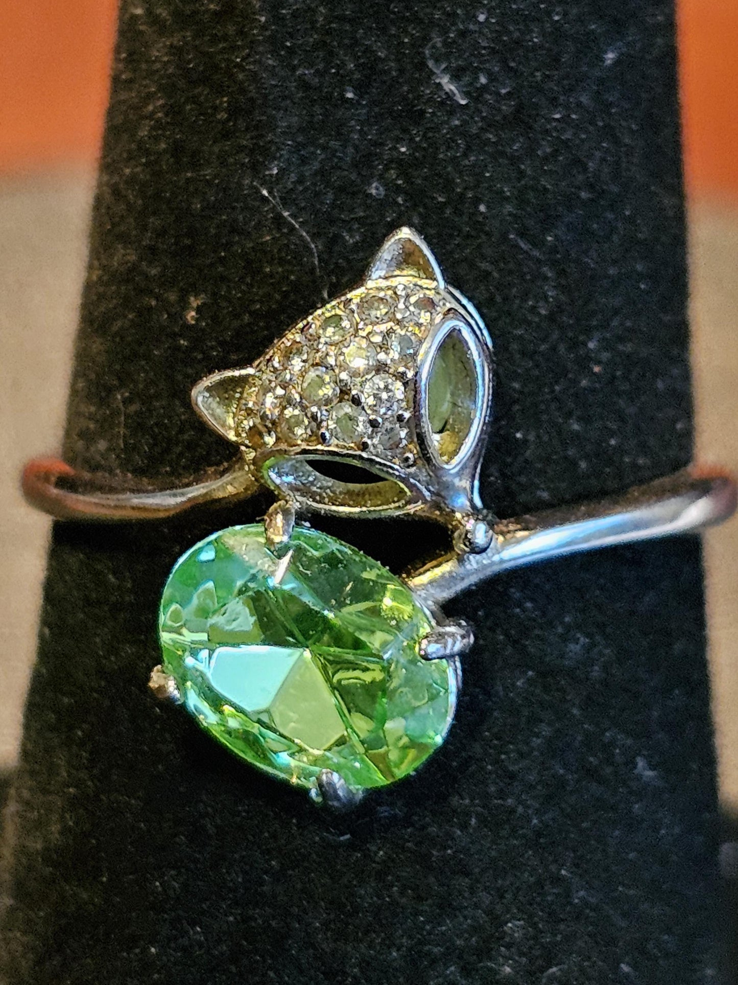 Uranium Glass Fox Ring Adjustable size in new Sterling Silver with a vintage Oval cut Uranium glass stone that glows under black / UV light