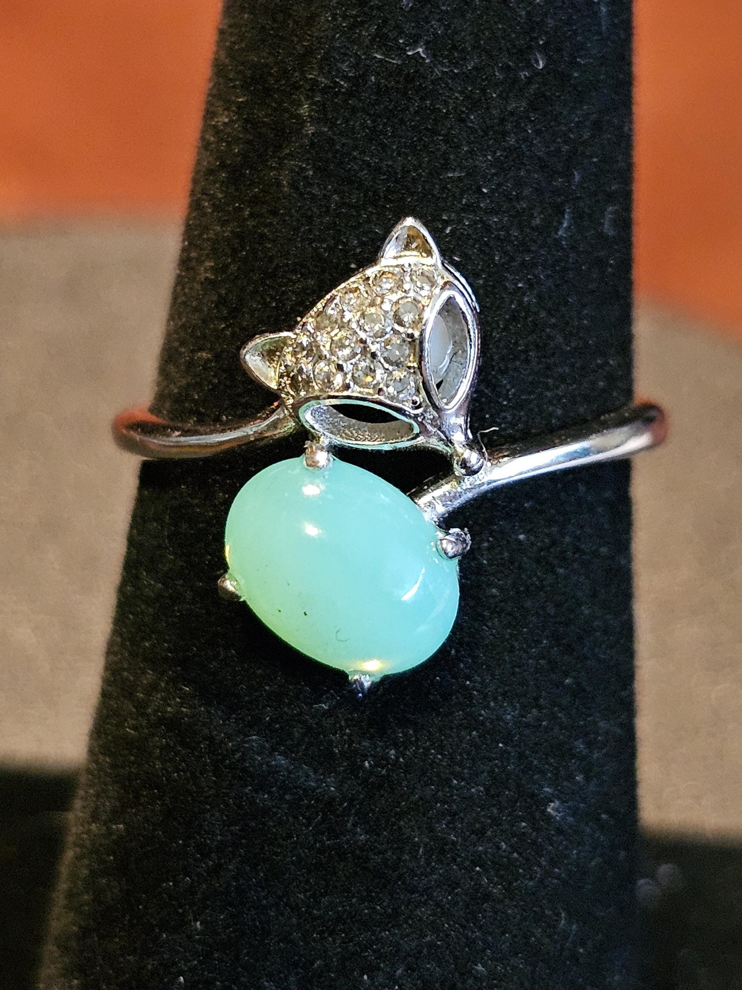 Uranium Glass Fox Ring Adjustable size in new Sterling Silver with a vintage Oval cut Uranium glass stone that glows under black / UV light