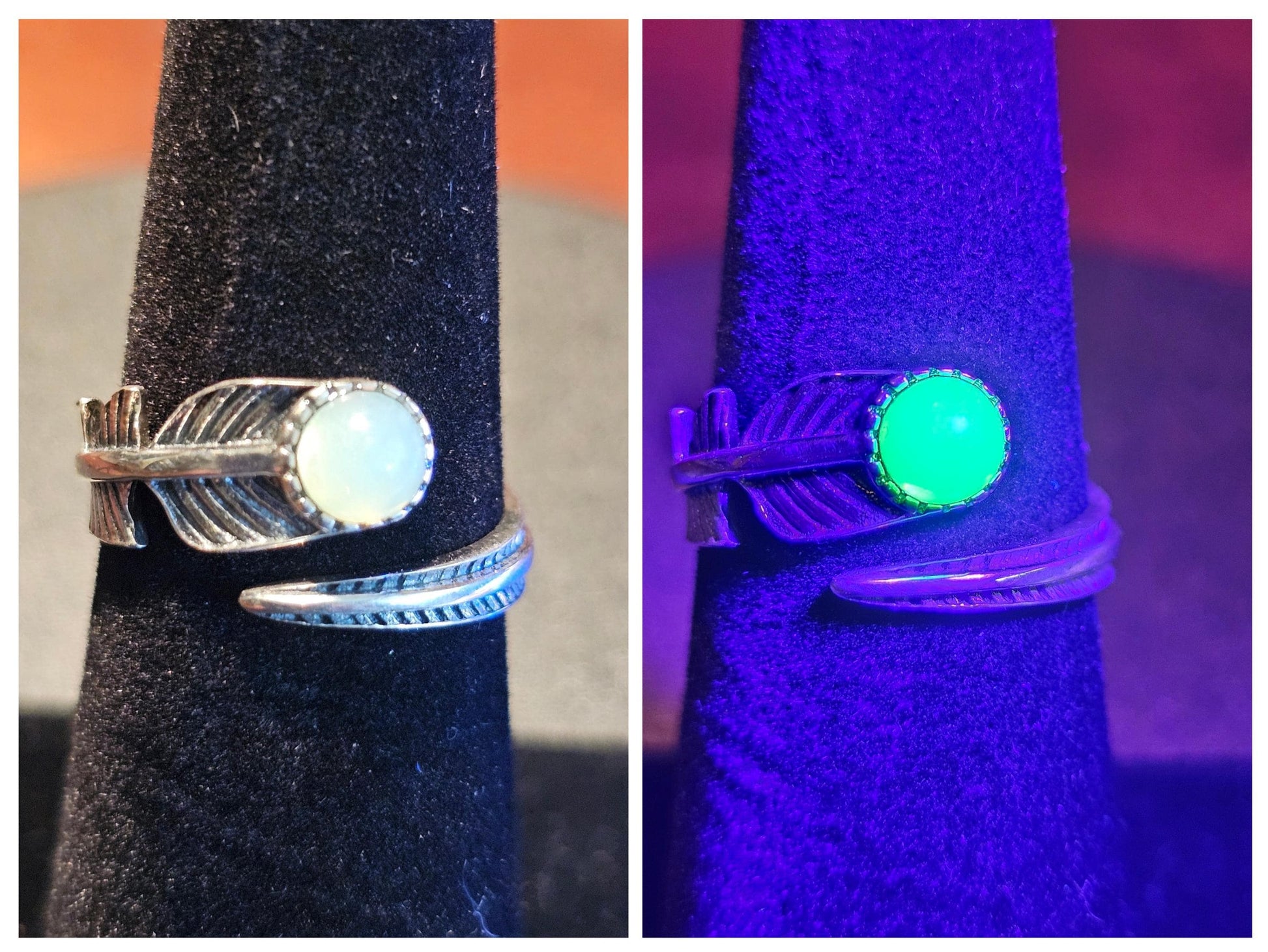 Uranium Glass Adjustable Ring new Sterling Silver Round cut 5 mm opal colored vintage Uranium glass stones glows under black / UV light