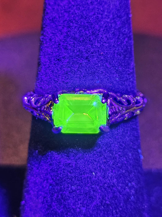 Uranium Glass emerald cut Ring Size 7 / 7.5 Art Deco style new Sterling Silver vintage Uranium glass stone that glows under black / UV light