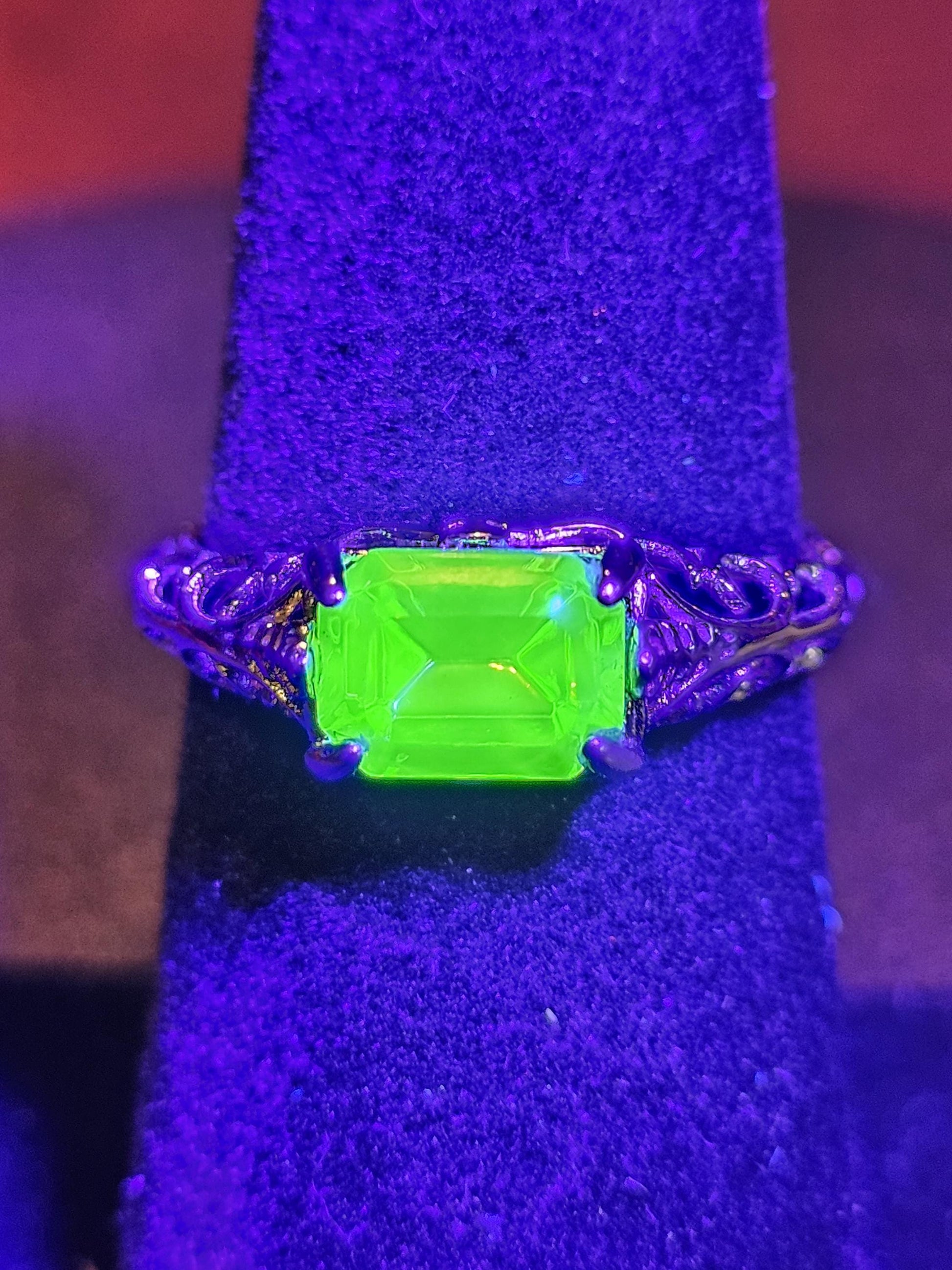 Uranium Glass Emerald cut Ring Size 7 or 7.5 Art Deco style new Sterling Silver vintage Uranium glass stone that glows under black/UV light