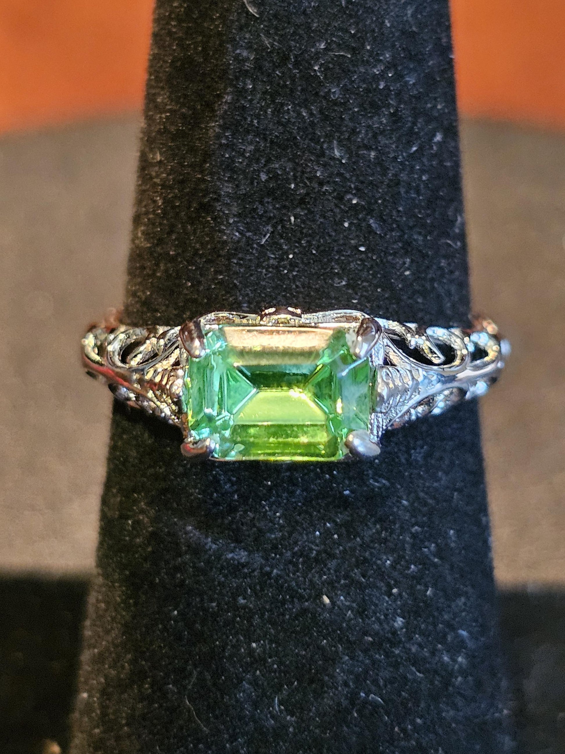 Uranium Glass Emerald cut Ring Size 7 or 7.5 Art Deco style new Sterling Silver vintage Uranium glass stone that glows under black/UV light
