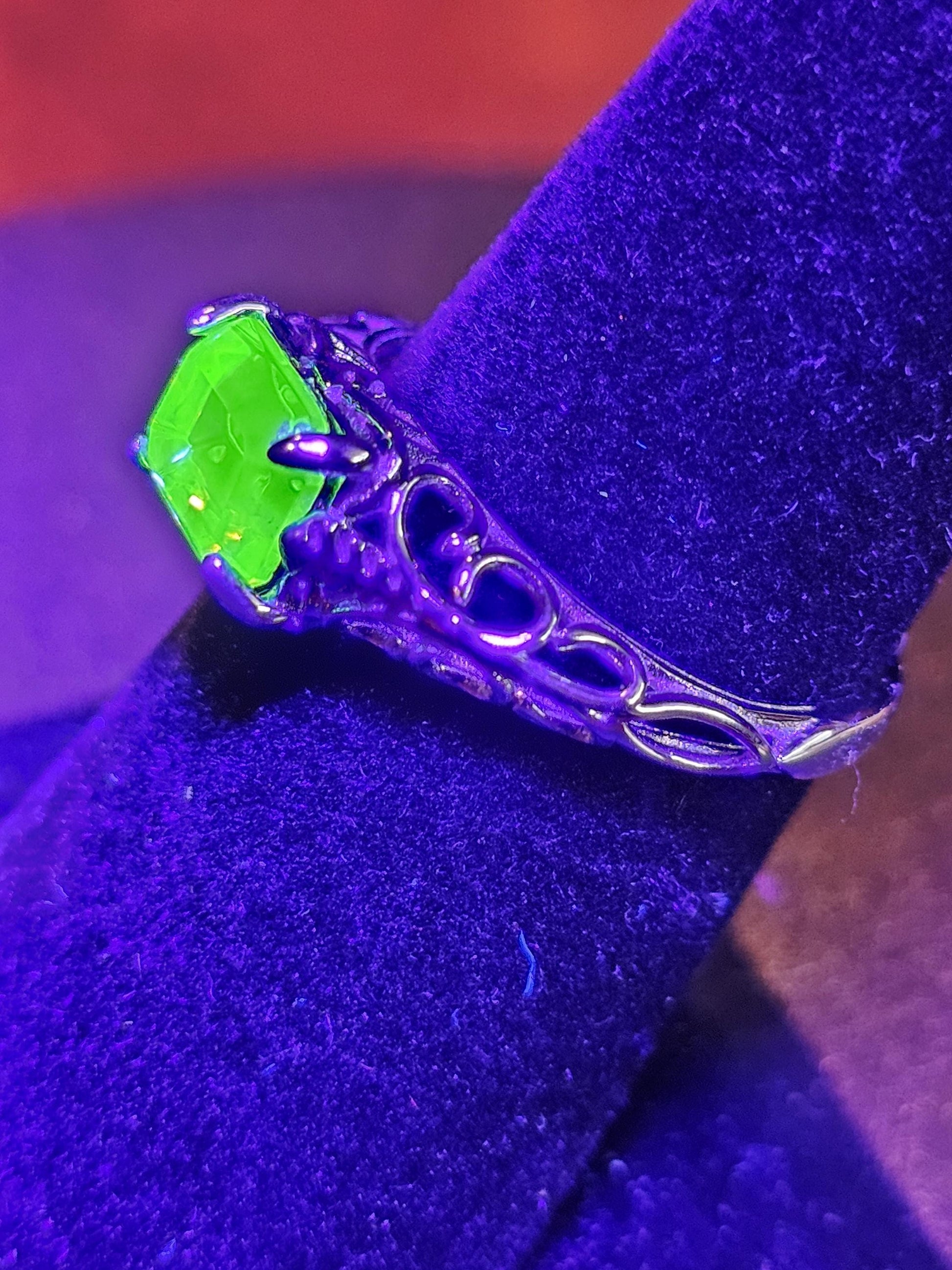 Uranium Glass Emerald cut Ring Size 7 or 7.5 Art Deco style new Sterling Silver vintage Uranium glass stone that glows under black/UV light