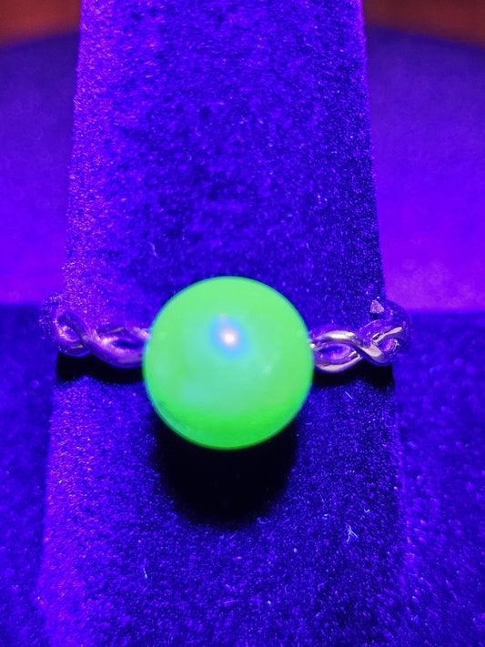 Uranium Glass Adjustable Ring with a vintage rare dark Green Round top Uranium glass stone new Sterling Silver  that glows under black light