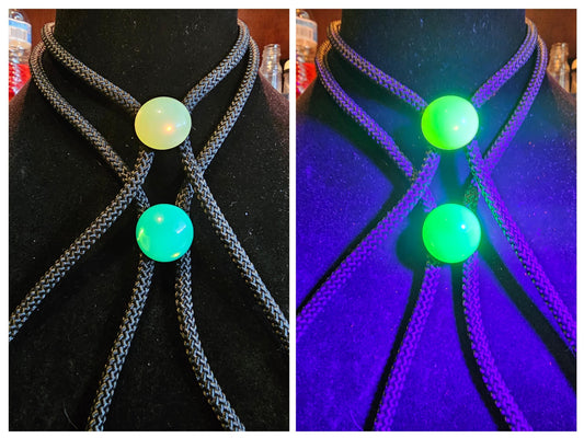Uranium Glass Bolo Tie Opal or Green 18 mm Round cut Round top Cabochon cut vintage Uranium Glass stone that glows under black / UV light