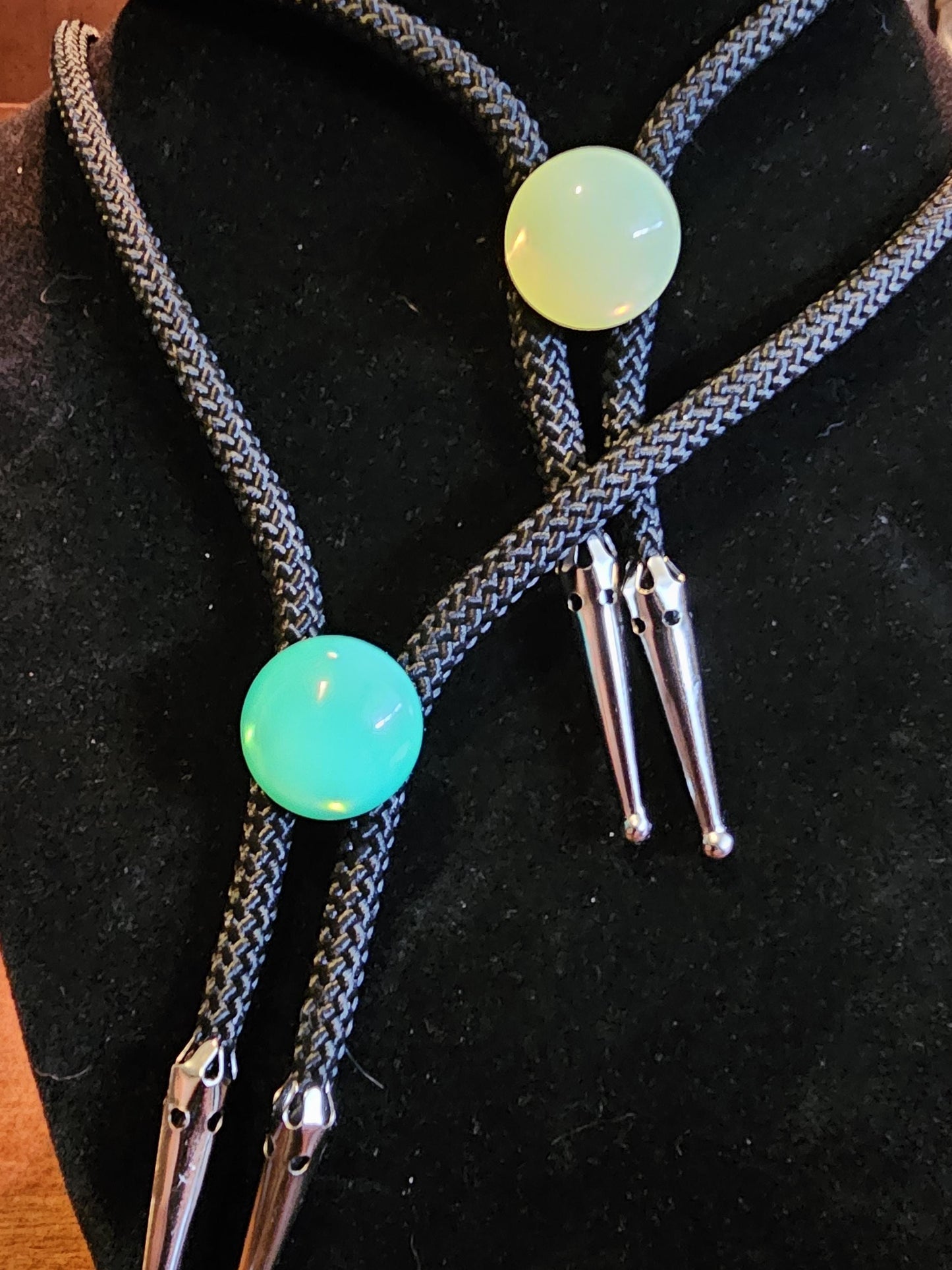 Uranium Glass Bolo Tie Opal or Green 18 mm Round cut Round top Cabochon cut vintage Uranium Glass stone that glows under black / UV light
