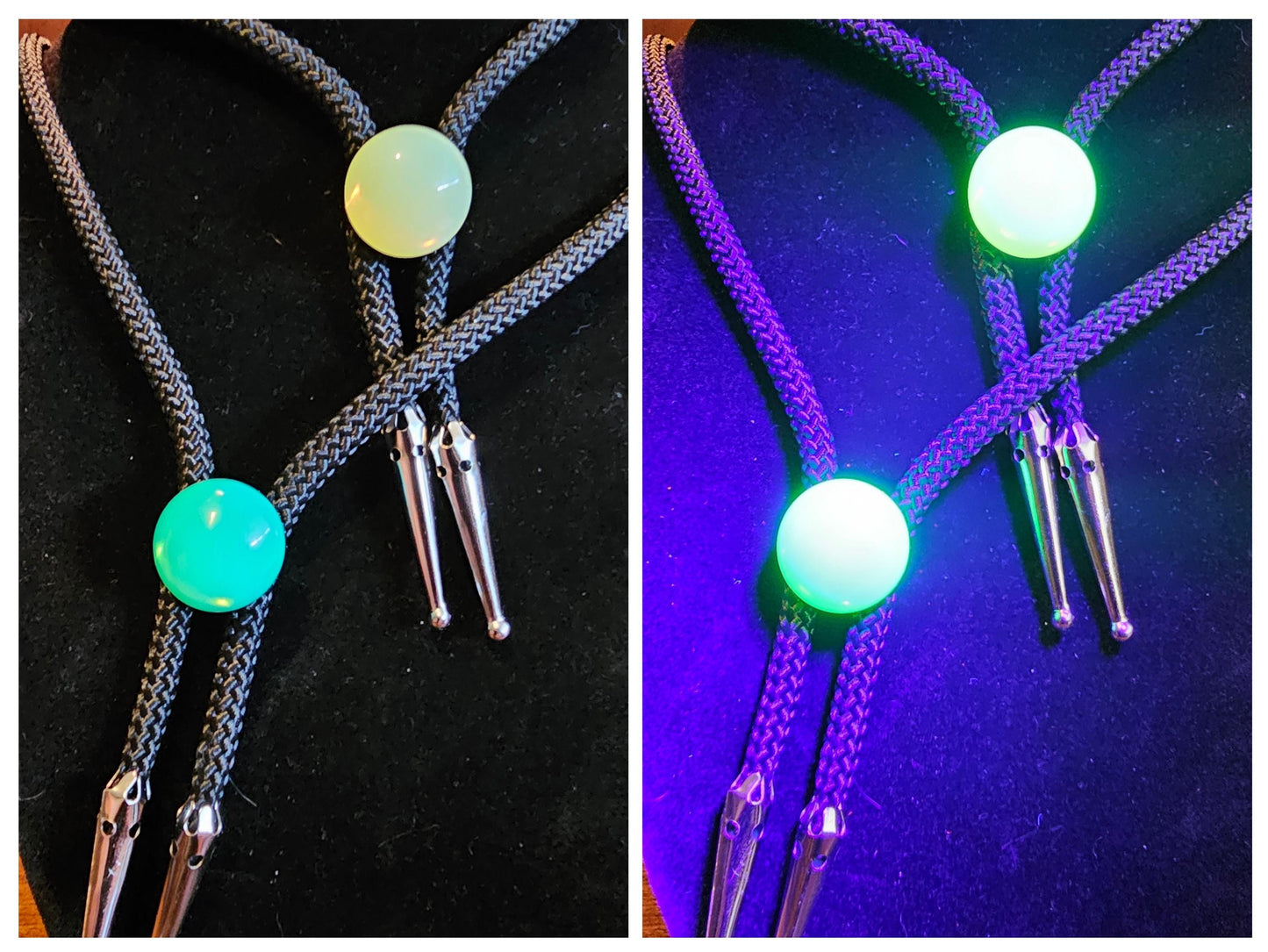 Uranium Glass Bolo Tie Opal or Green 18 mm Round cut Round top Cabochon cut vintage Uranium Glass stone that glows under black / UV light