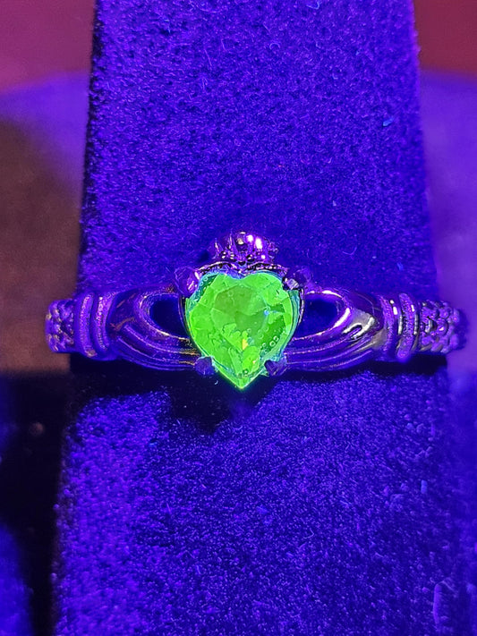 Uranium Glass Heart cut Claddagh Ring size 6 to 10 new Sterling Silver with a vintage Uranium glass stone that glows under black/UV light