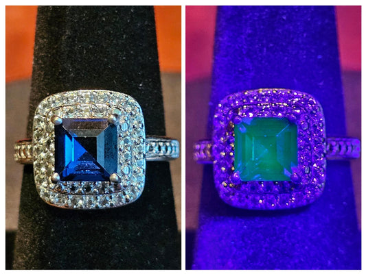 Uranium Glass Princess cut Ring size 4 to 10.5 Sterling Silver with super rare Blue Uranium glass stone that glows under black / UV light
