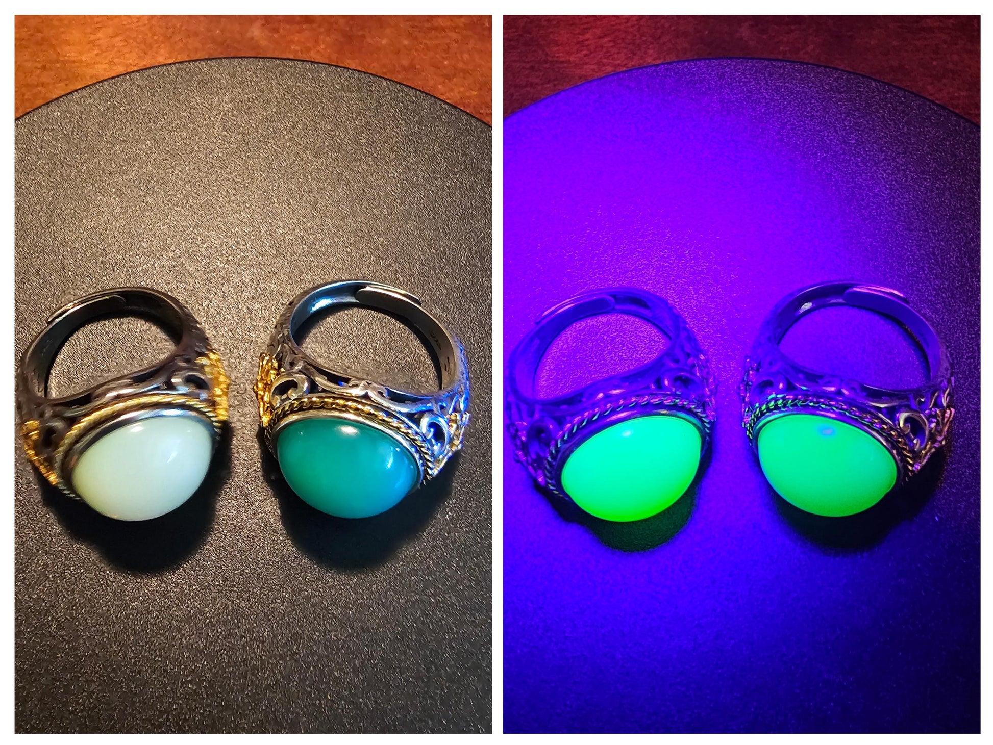 Uranium Glass Men's Ring Adjustable with 15 mm vintage Uranium glass Round cut Cabochon opal colored stone that glows under black / UV light