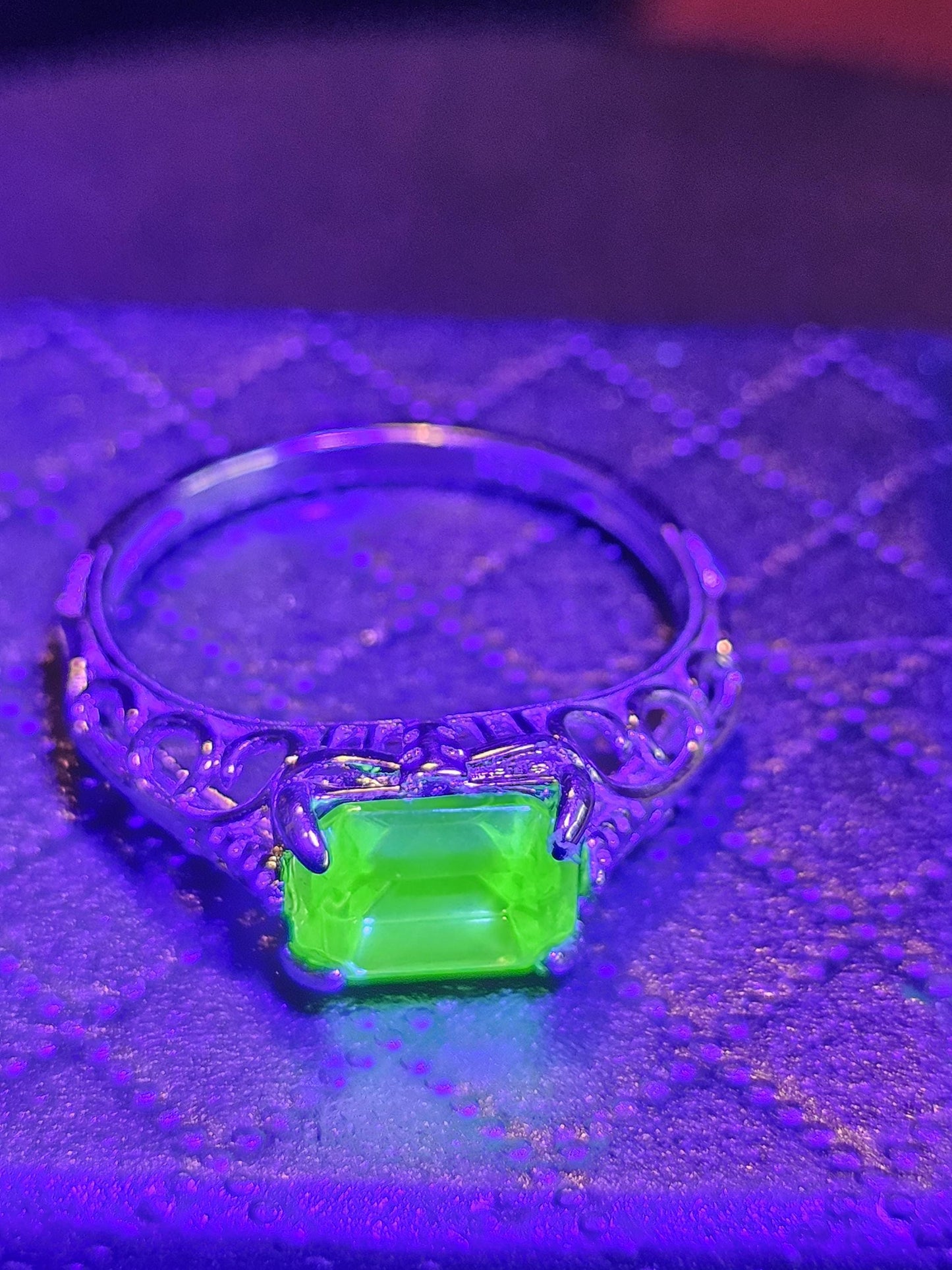 Uranium Glass Emerald cut Ring Size 7 or 7.5 Art Deco style new Sterling Silver vintage Uranium glass stone that glows under black/UV light