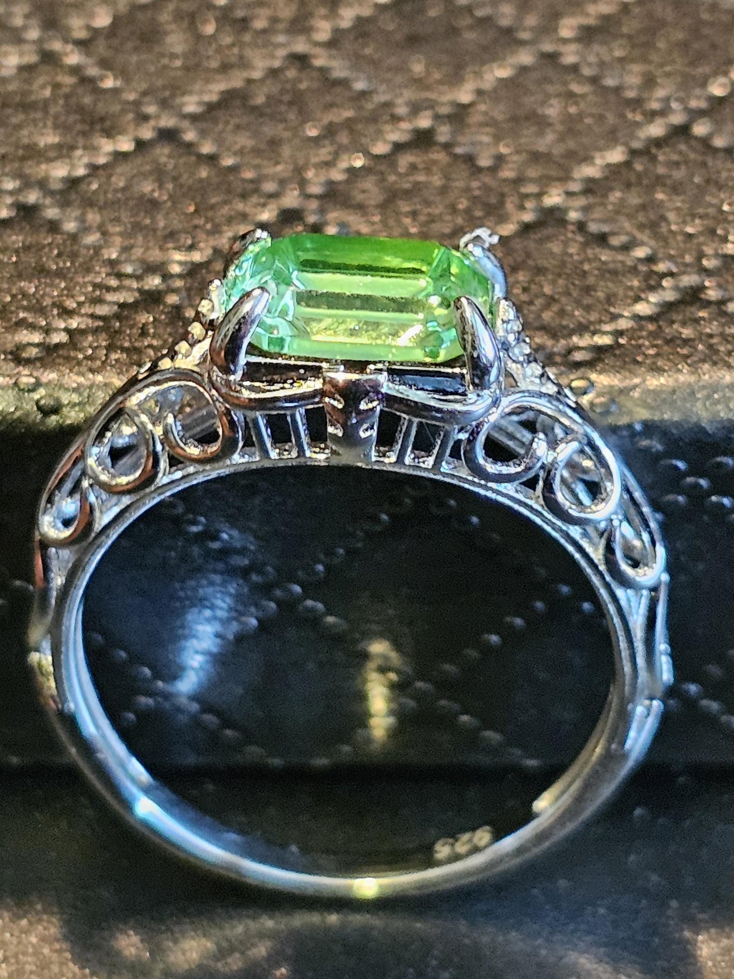 Uranium Glass Emerald cut Ring Size 7 or 7.5 Art Deco style new Sterling Silver vintage Uranium glass stone that glows under black/UV light