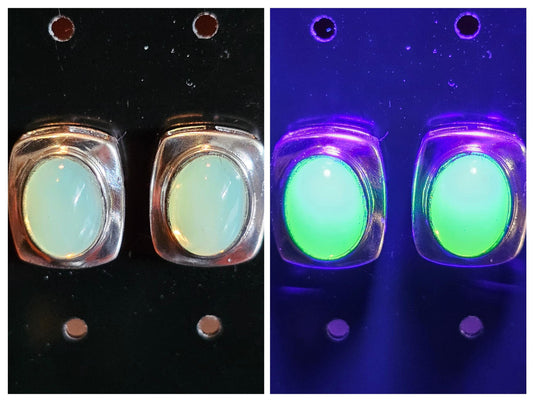 Uranium Glass Earrings Bezel mount in new Sterling Silver with Vintage Oval cut Uranium Glass stones that glow under black/UV light