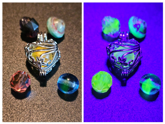 Uranium Glass Pendant in new Sterling Silver with assorted vintage 8 to 10 mm beads of Uranium Glass that glow under black / UV light