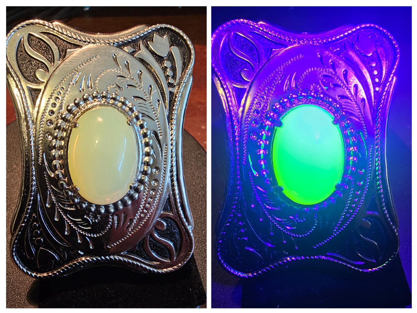 Uranium Glass Belt Buckle large 25x18 mm Oval cut Round top Cabochon cut vintage Uranium Glass stone that glows under black / UV light