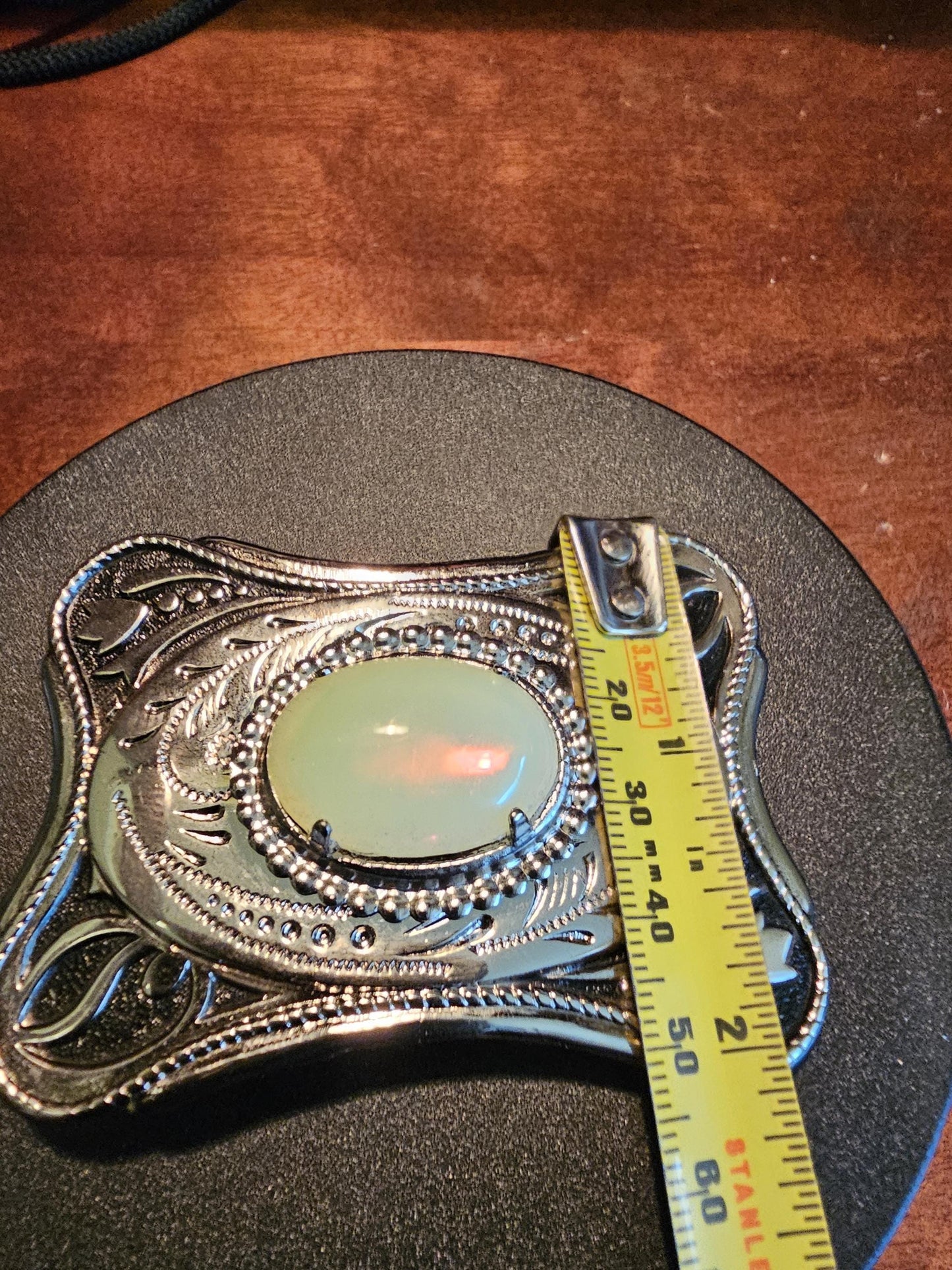 Uranium Glass Belt Buckle large 25x18 mm Oval cut Round top Cabochon cut vintage Uranium Glass stone that glows under black / UV light