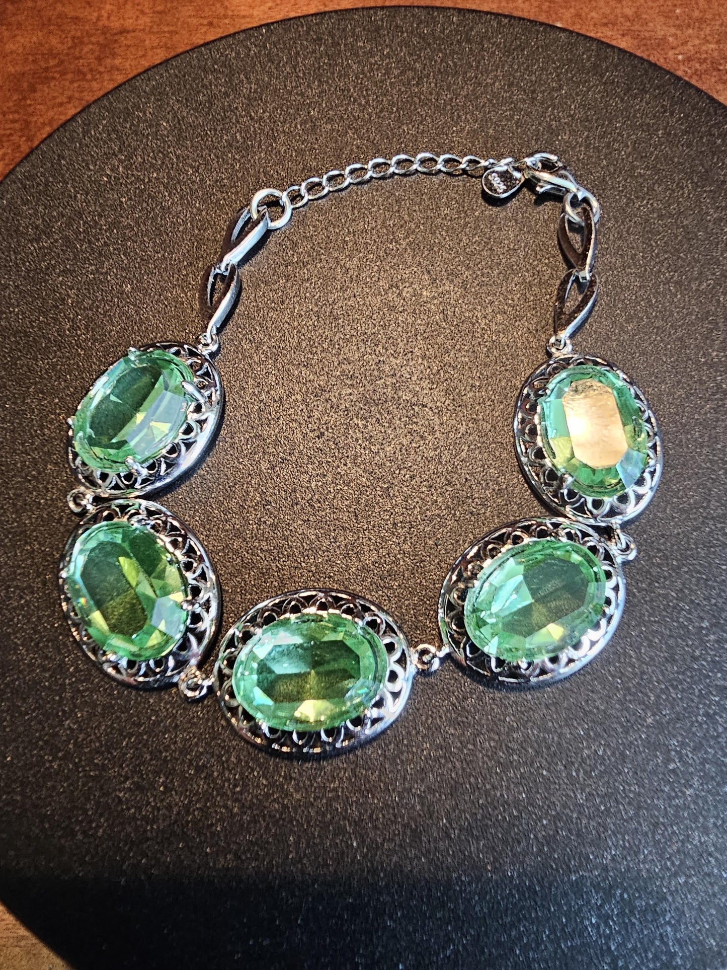 Uranium Glass Bracelet new Sterling Silver with five vintage Uranium glass Oval cut stones a large 14x10mm that glows under black / UV light