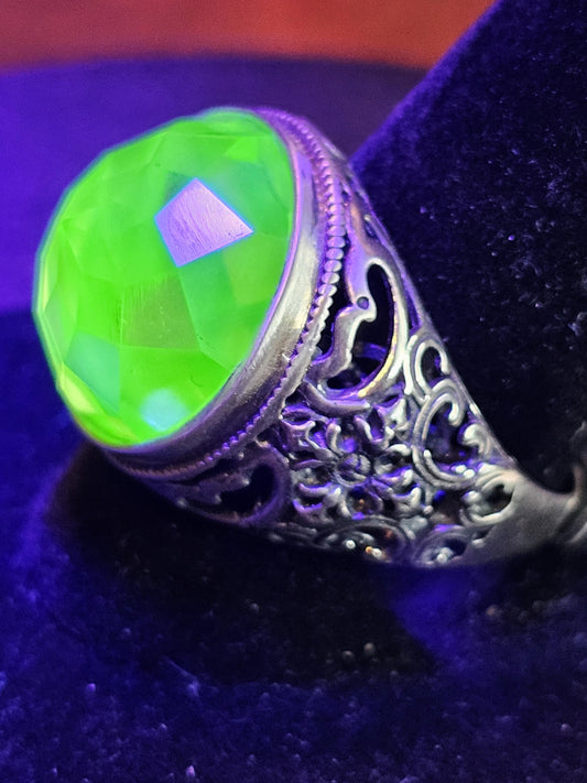 Uranium Glass Men's Ring Adjustable with a large 18 mm vintage Uranium glass multifaceted Round cut stone that glows under black / UV light
