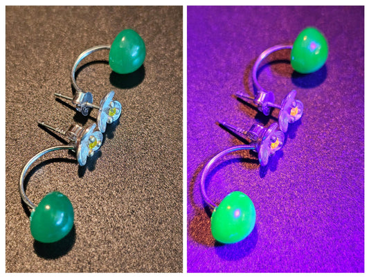 Uranium Glass Earrings with Vintage Dark Green 9 mm round cut Uranium Glass stones in new Sterling Silver that glow under black/UV light