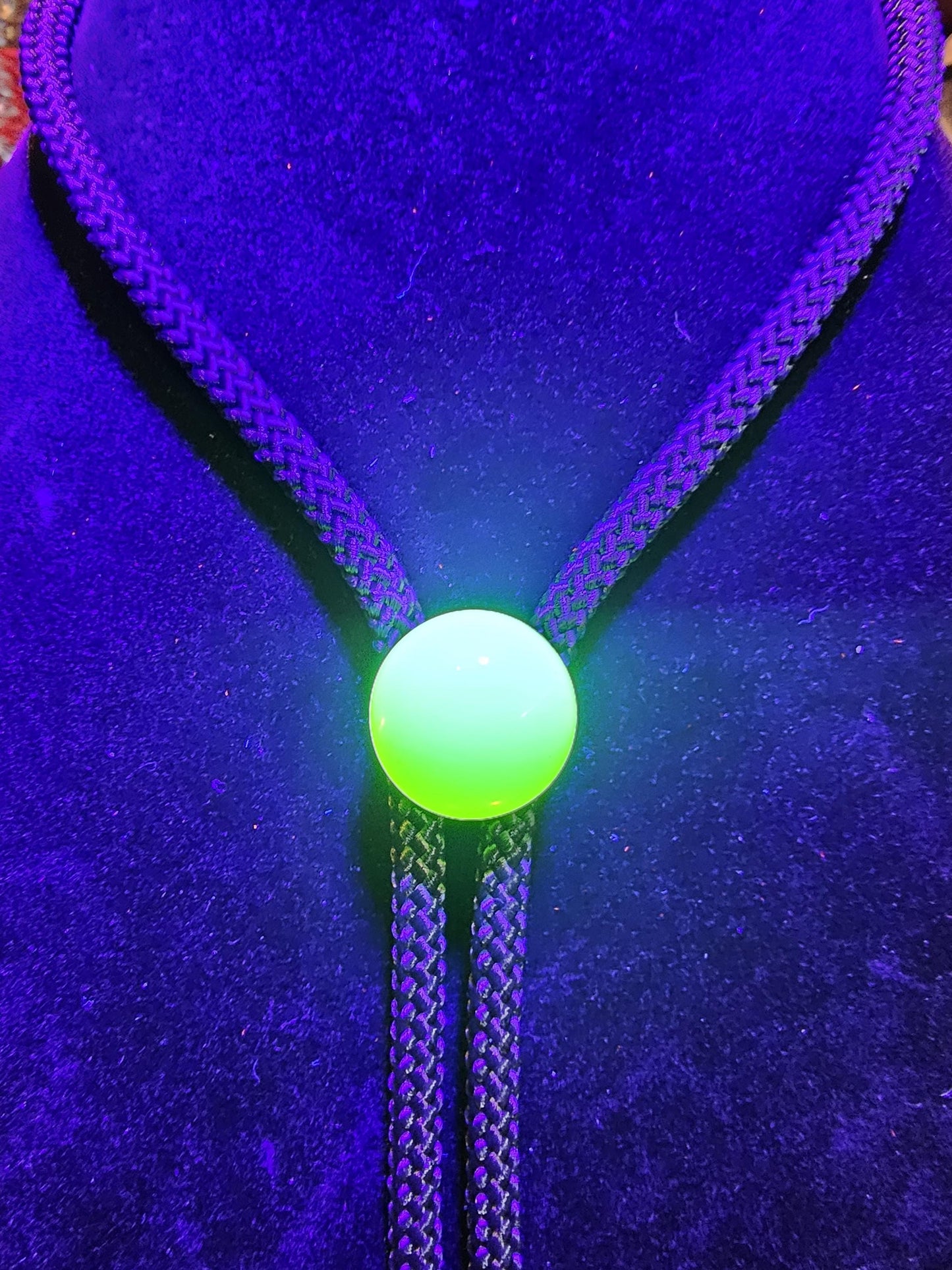 Uranium Glass Bolo Tie Opal or Green 18 mm Round cut Round top Cabochon cut vintage Uranium Glass stone that glows under black / UV light