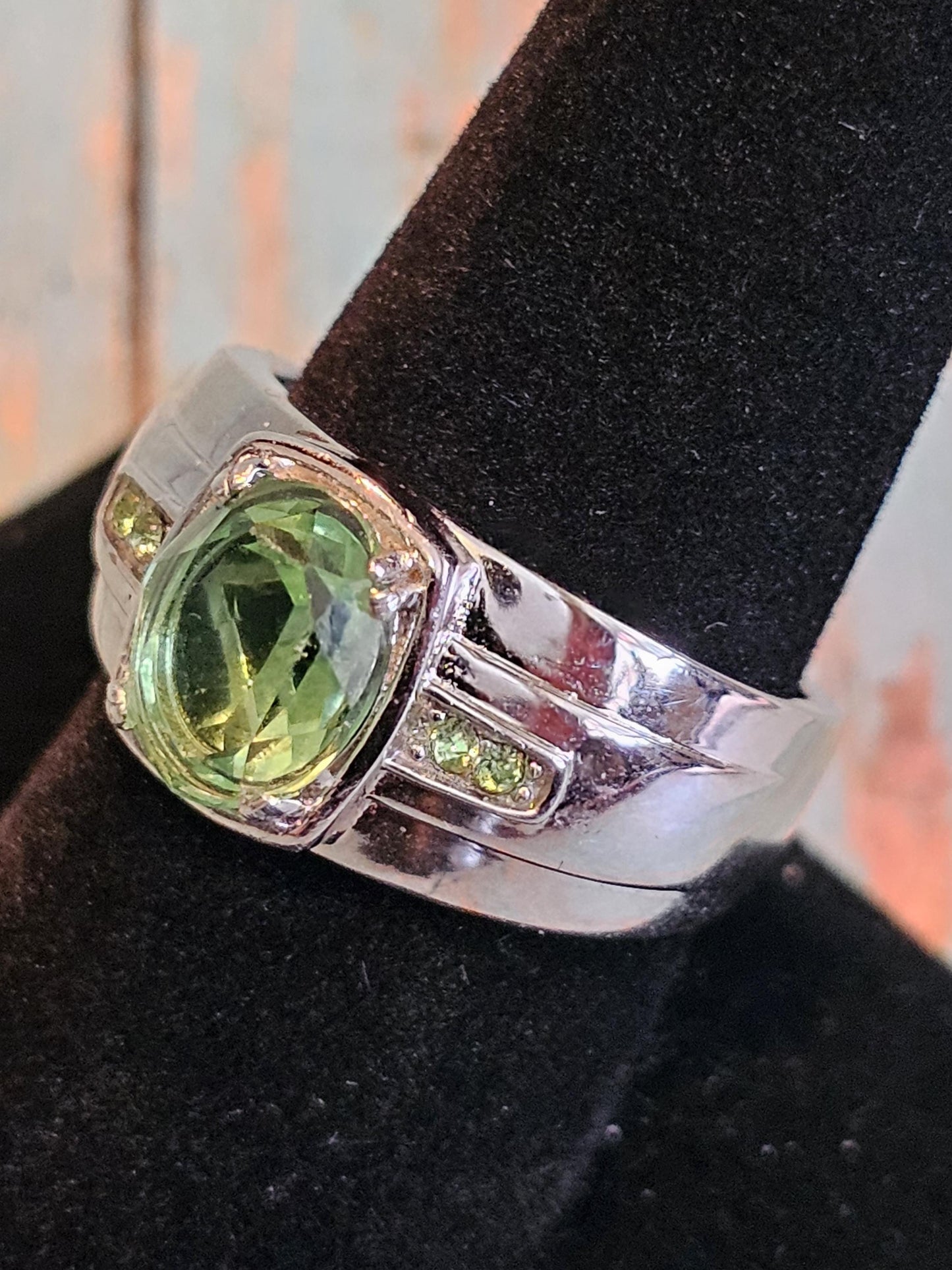 Uranium Glass Men's Ring size 9 through 11 new Sterling Silver with a vintage Oval cut Uranium glass stones that glows under black/UV light