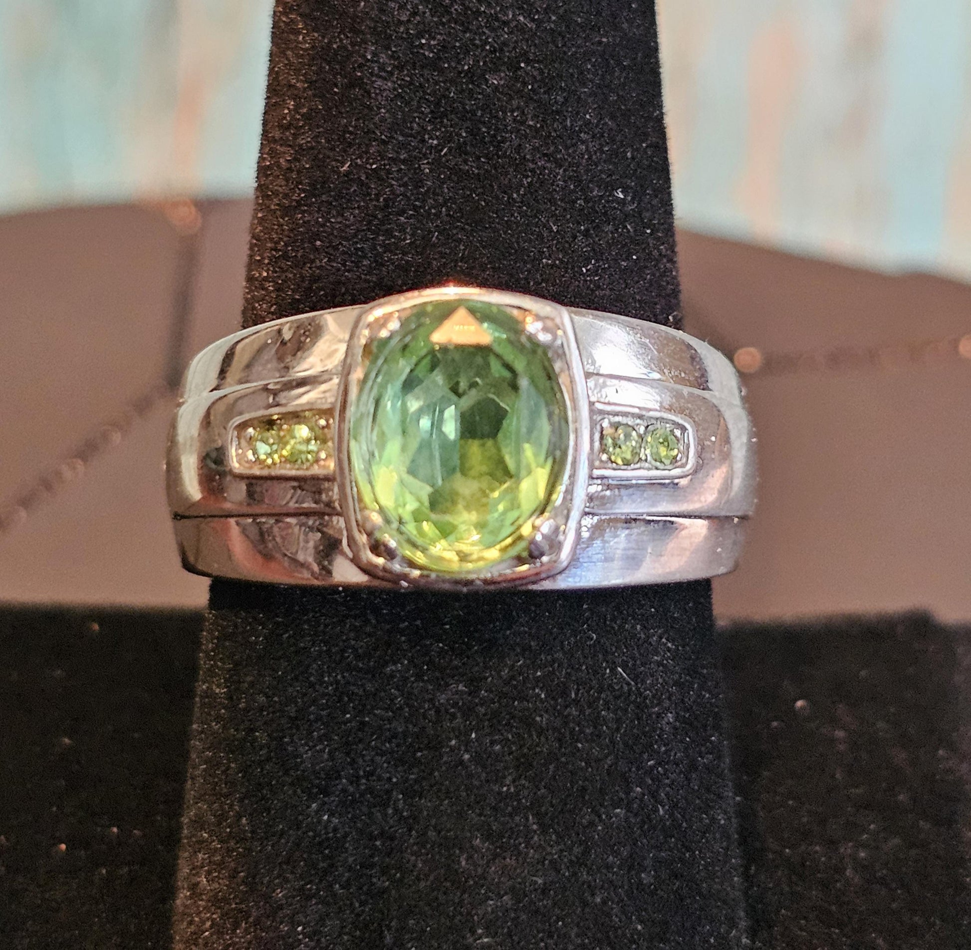 Uranium Glass Men's Ring size 9 through 11 new Sterling Silver with a vintage Oval cut Uranium glass stones that glows under black/UV light