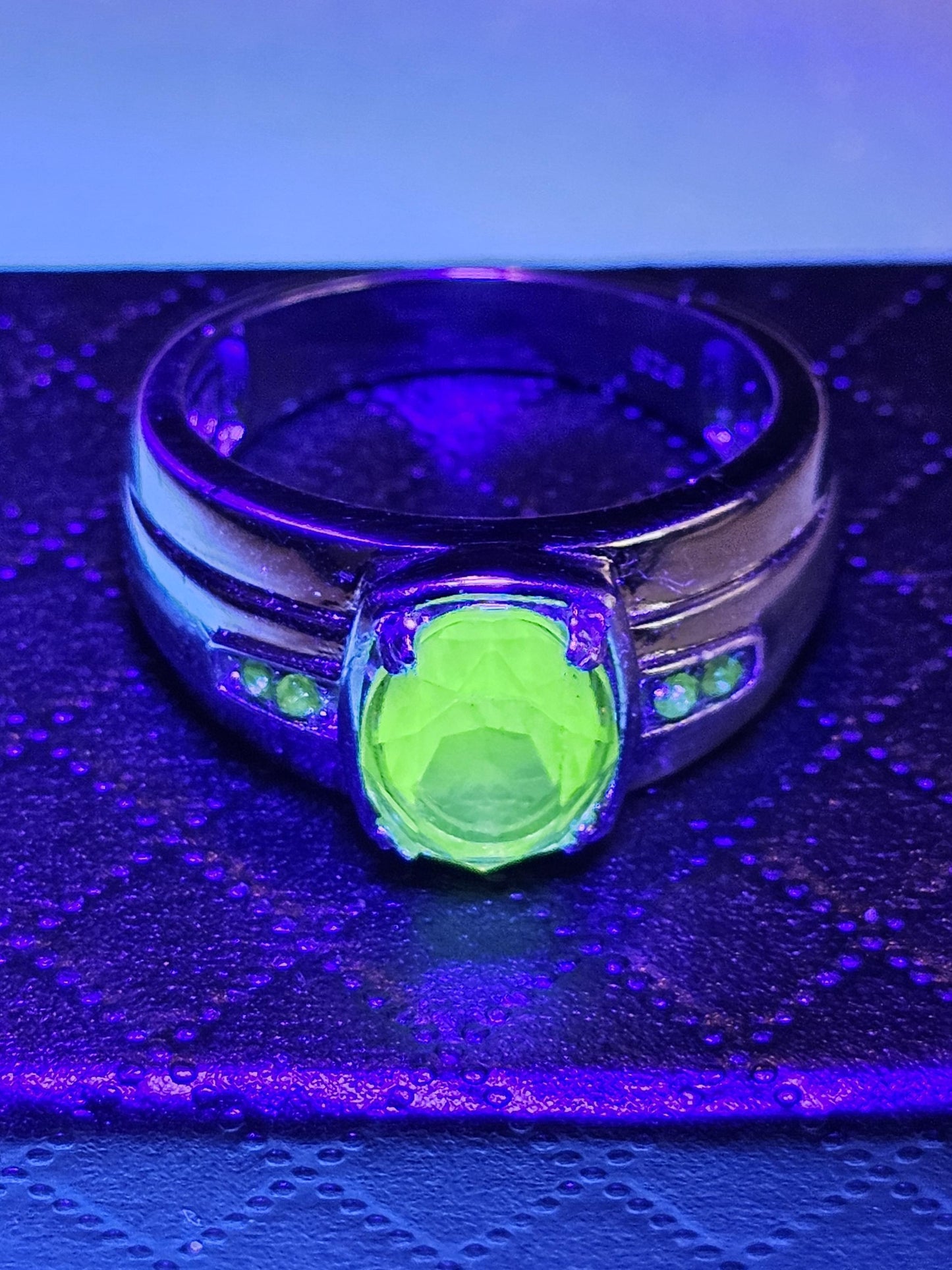 Uranium Glass Men's Ring size 9 through 11 new Sterling Silver with a vintage Oval cut Uranium glass stones that glows under black/UV light