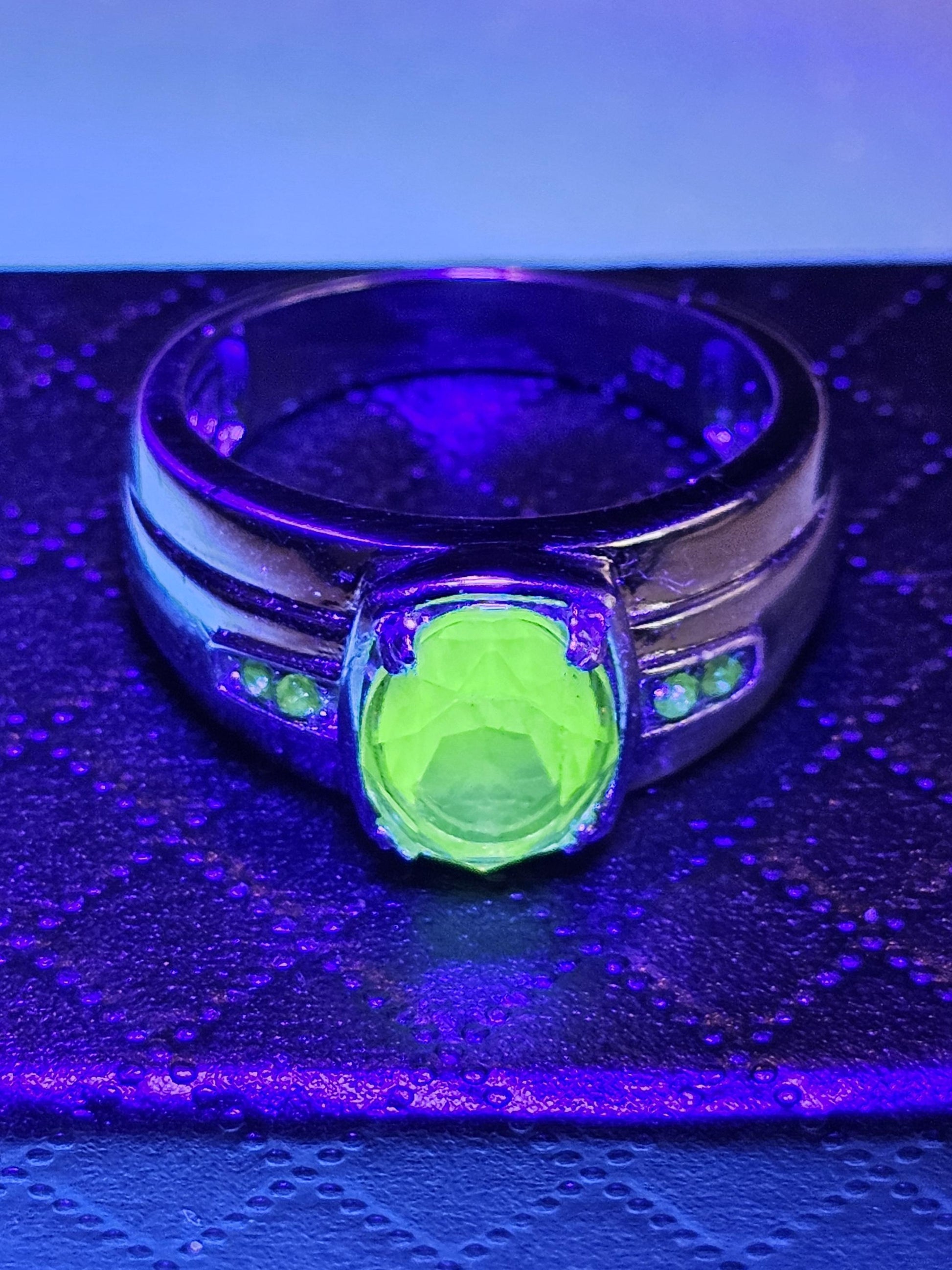 Uranium Glass Men's Ring size 9 through 11 new Sterling Silver with a vintage Oval cut Uranium glass stones that glows under black/UV light