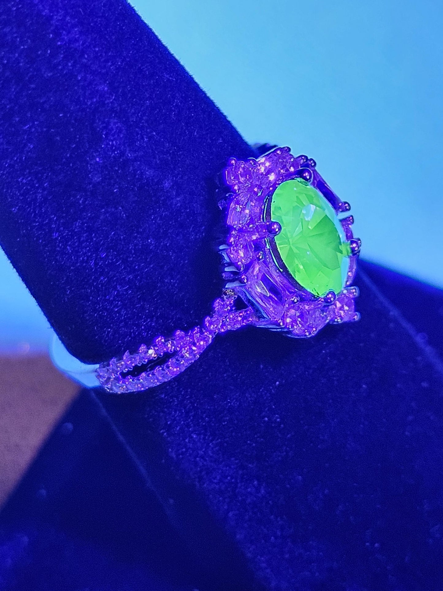 Uranium Glass Oval cut Ring size 7, new Sterling Silver with CZ accents and a vintage Uranium glass stone that glows under black / UV light