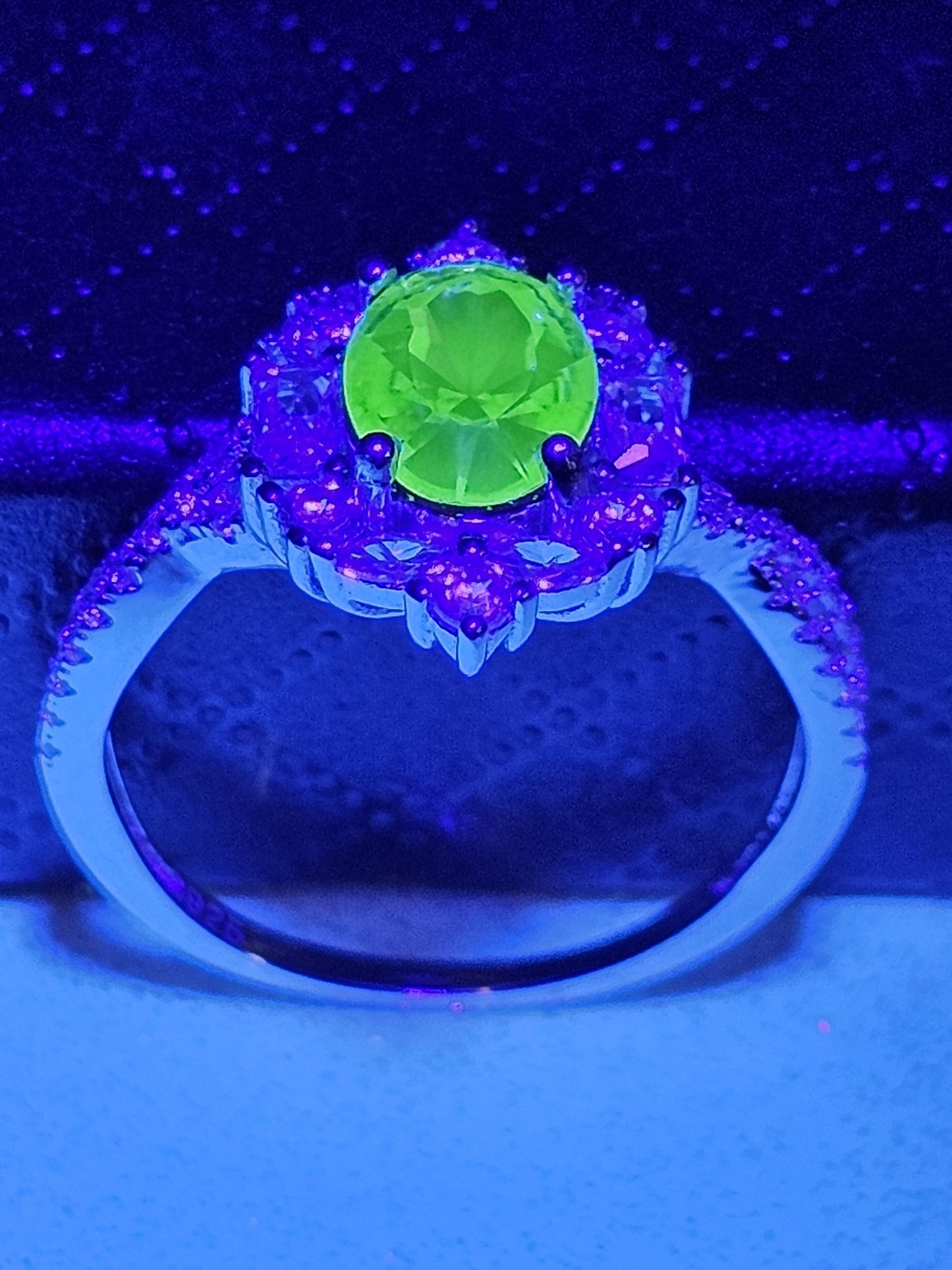 Uranium Glass Oval cut Ring size 7, new Sterling Silver with CZ accents and a vintage Uranium glass stone that glows under black / UV light