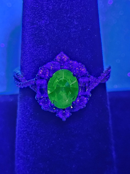 Uranium Glass Oval cut Ring size 7, new Sterling Silver with CZ accents and a vintage Uranium glass stone that glows under black / UV light