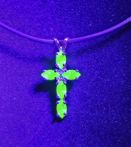 Uranium Glass Pendant new Sterling Silver, Cross design with 6x3 mm vintage Marquee cut Uranium Glass stones that glow under black / UV ligh
