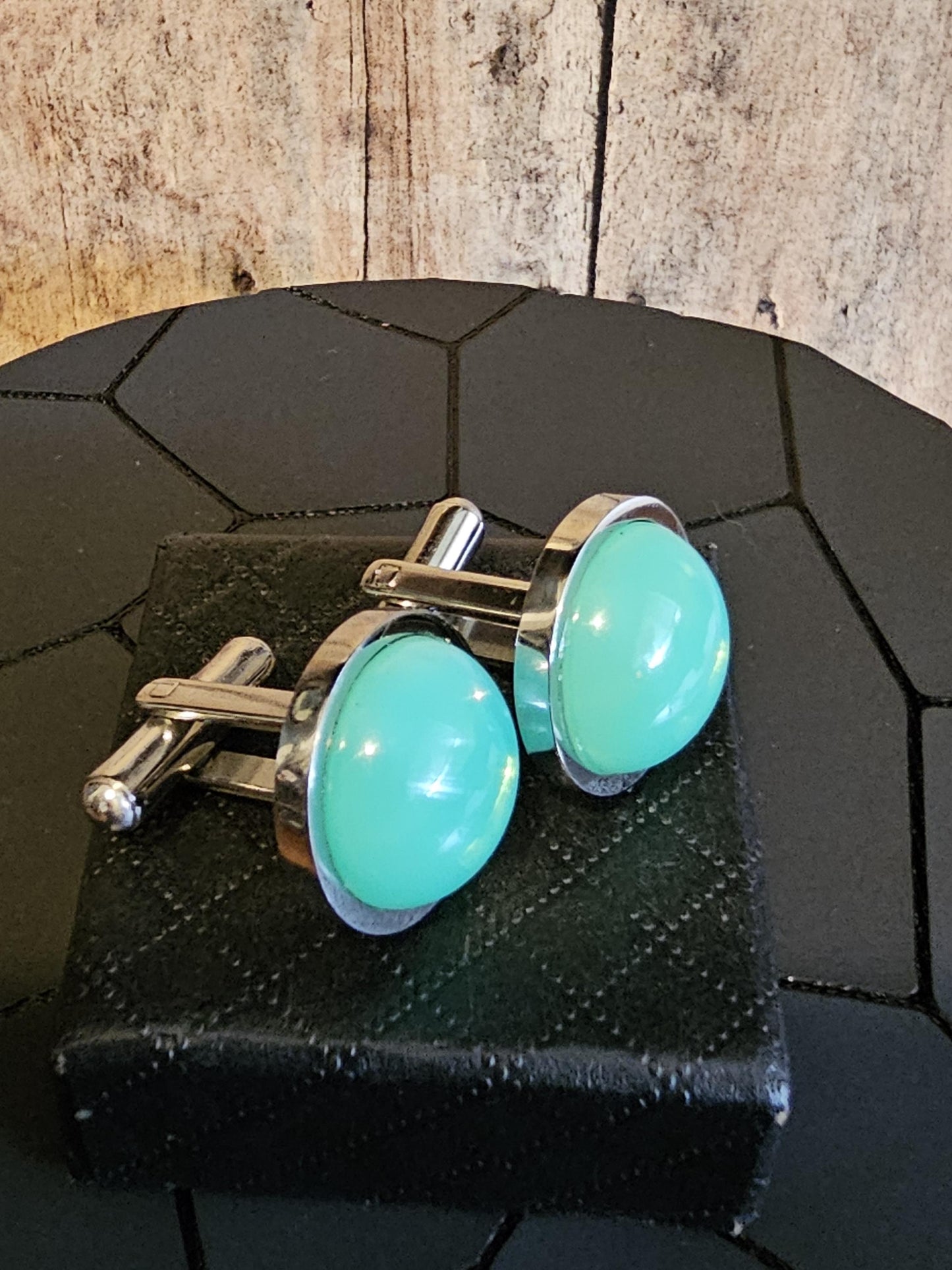 Uranium Glass Cufflinks Titanium 15 mm Round cut Round top Cabochons that are vintage Uranium Glass stones that glow under black / UV light