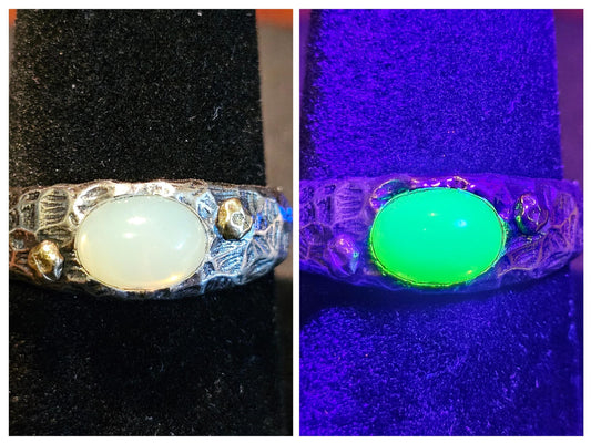 Uranium Glass Men's Ring Adjustable with 8x6 mm vintage Uranium glass  Cabochon cut opal colored stone that glows under black / UV light