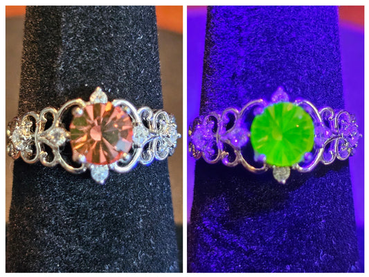 Uranium Glass Adjustable Ring new Sterling Silver with a rare vintage 6mm Pink Round cut Uranium glass stone that glows under black light