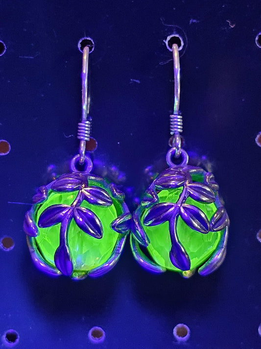 Uranium Glass Earrings in new Sterling Silver with a large vintage 12mm round cut Uranium Glass beads that glow under black / UV light