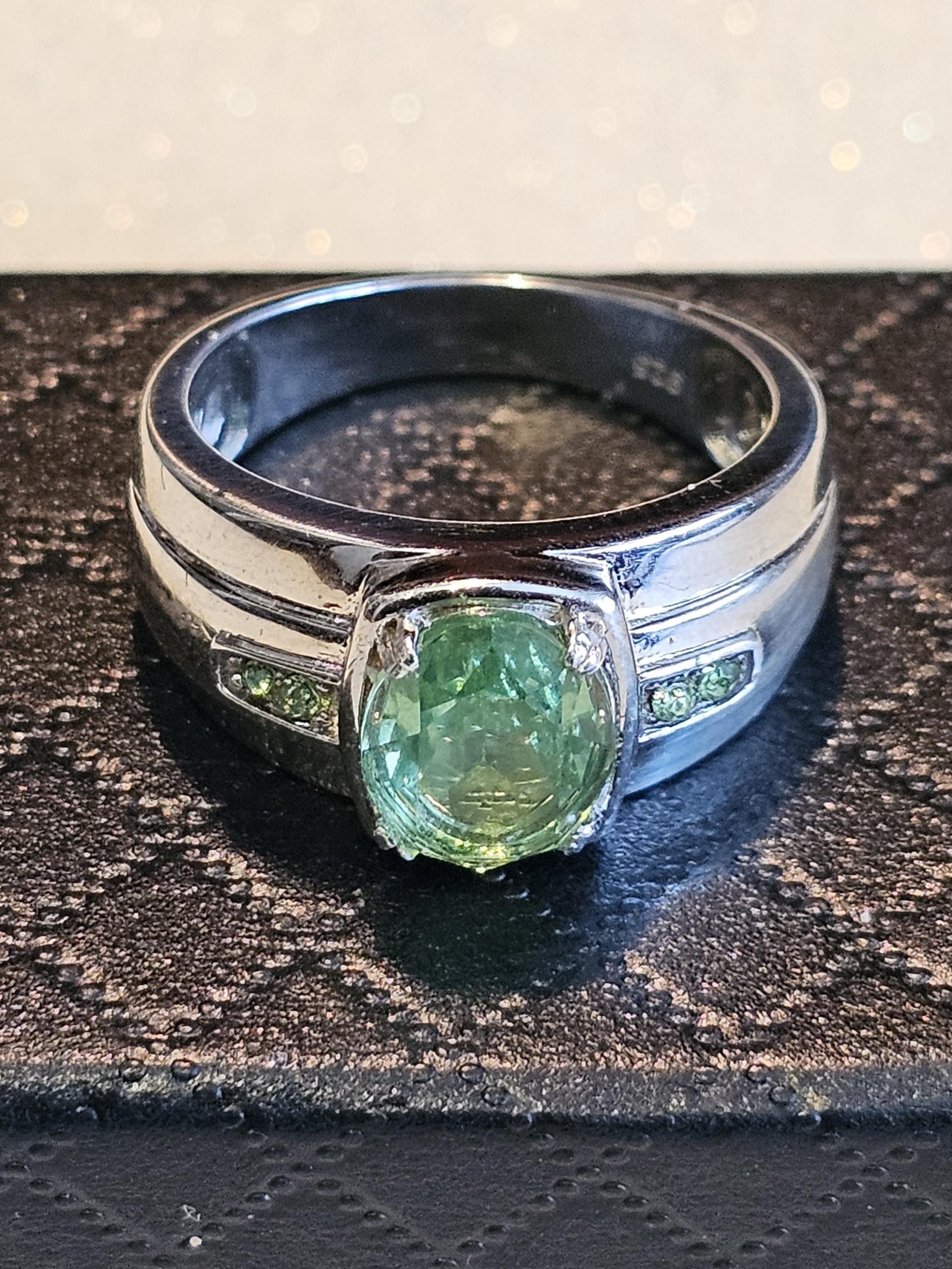 Uranium Glass Men's Ring size 9 through 11 new Sterling Silver with a vintage Oval cut Uranium glass stones that glows under black/UV light