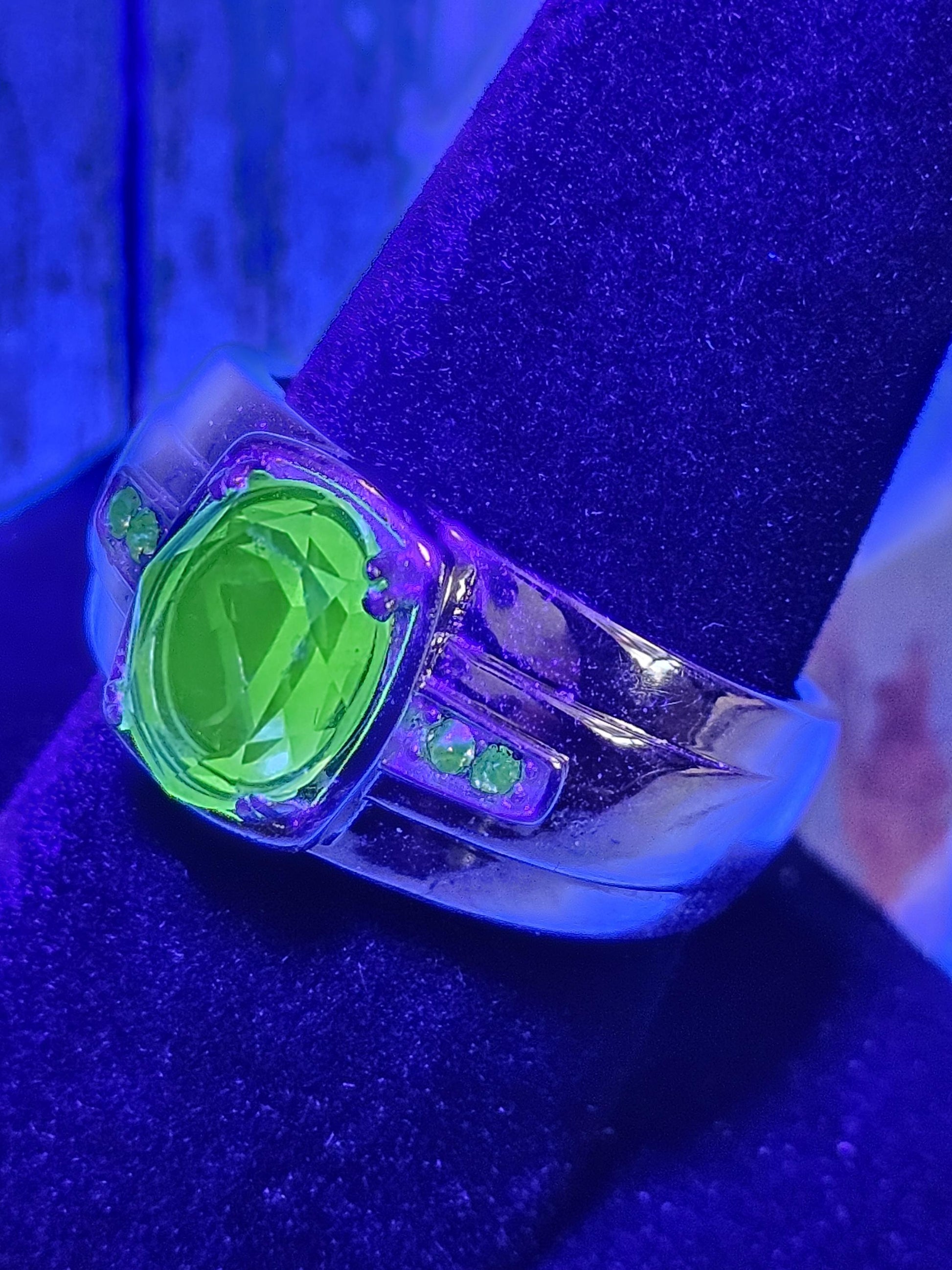 Uranium Glass Men's Ring size 9 through 11 new Sterling Silver with a vintage Oval cut Uranium glass stones that glows under black/UV light