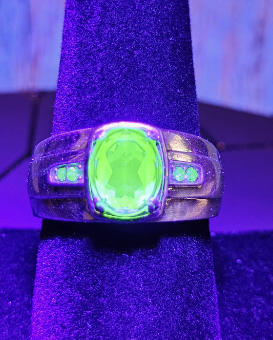 Uranium Glass Men's Ring size 9 through 11 new Sterling Silver with a vintage Oval cut Uranium glass stones that glows under black/UV light