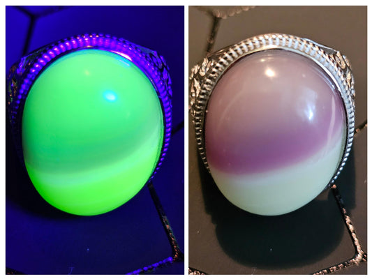 Uranium Glass Adjustable ring Unisex with 23x18 mm vintage Uranium glass Cabochon cut opal colored Oval stone that glows under black/UV light