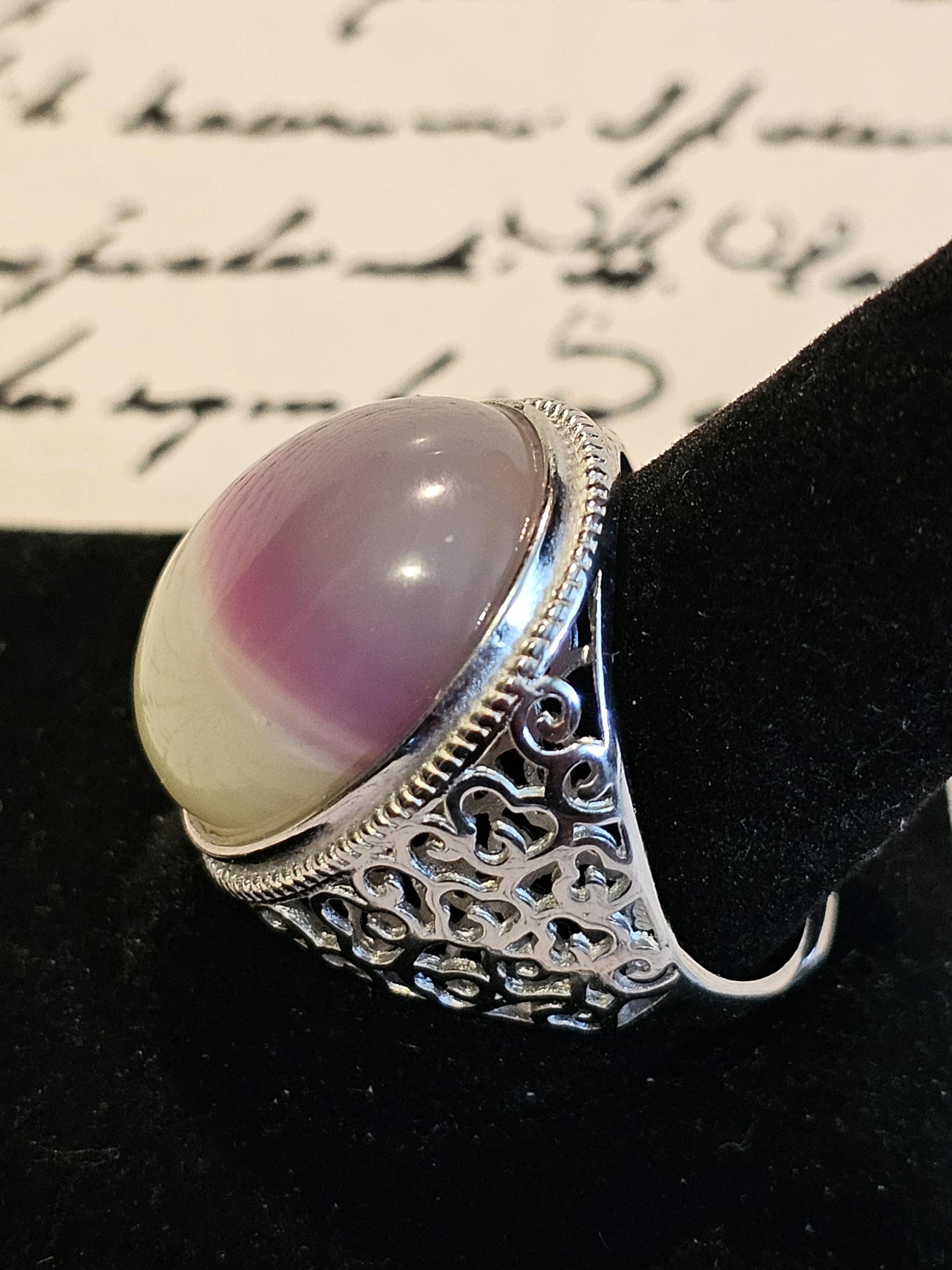 Uranium Glass Adjustable ring Unisex with 23x18 mm vintage Uranium glass Cabochon cut opal colored Oval stone that glows under black/UV ligh